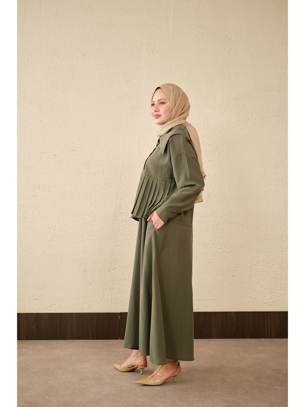 Kadın Gemici Yaka Fırfır Detay Takım Haki Yeşil-4