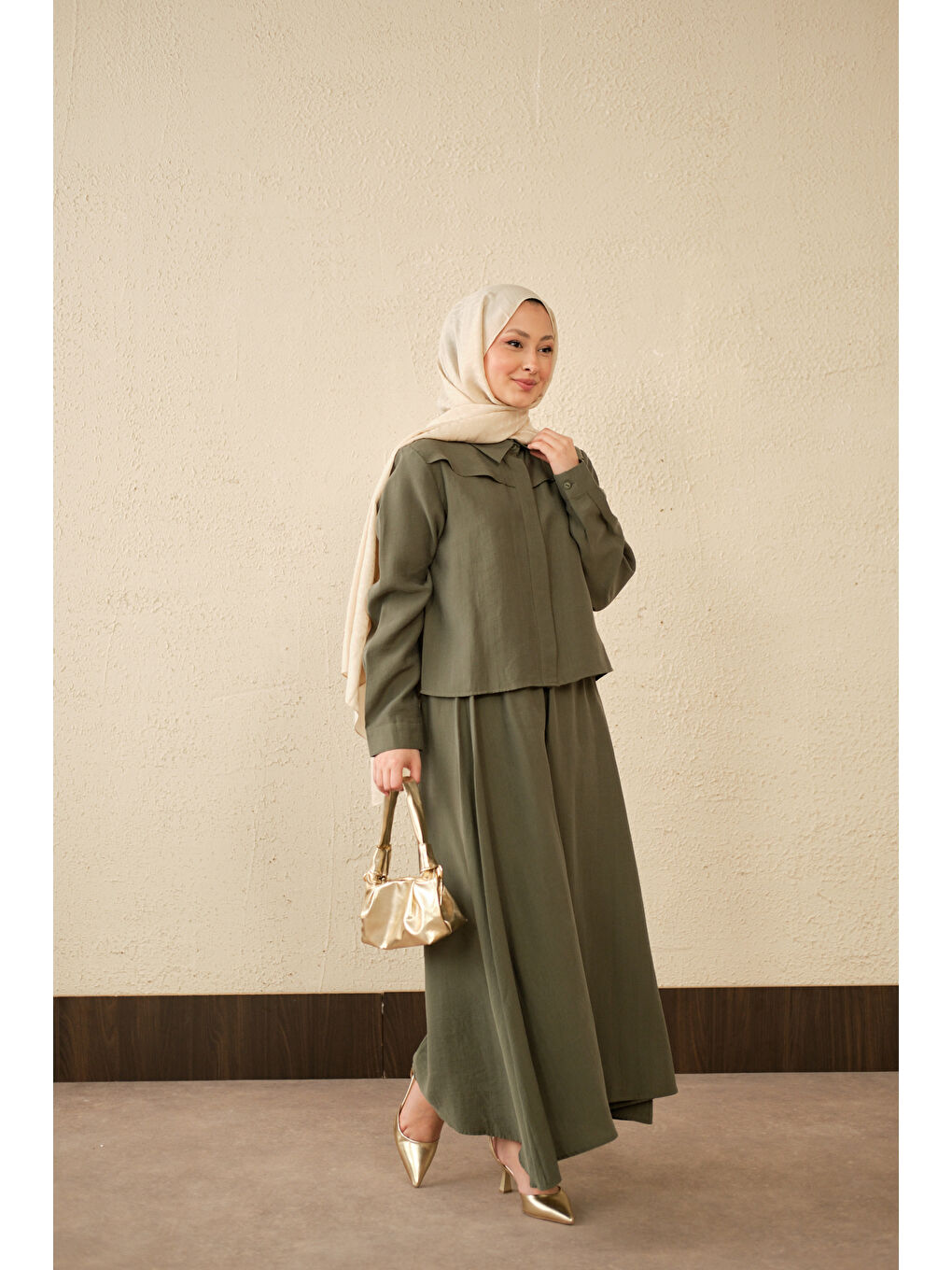 Kadın Ön Gizli Düğme Detay Kısa Gömlek Takım Yeşil-3