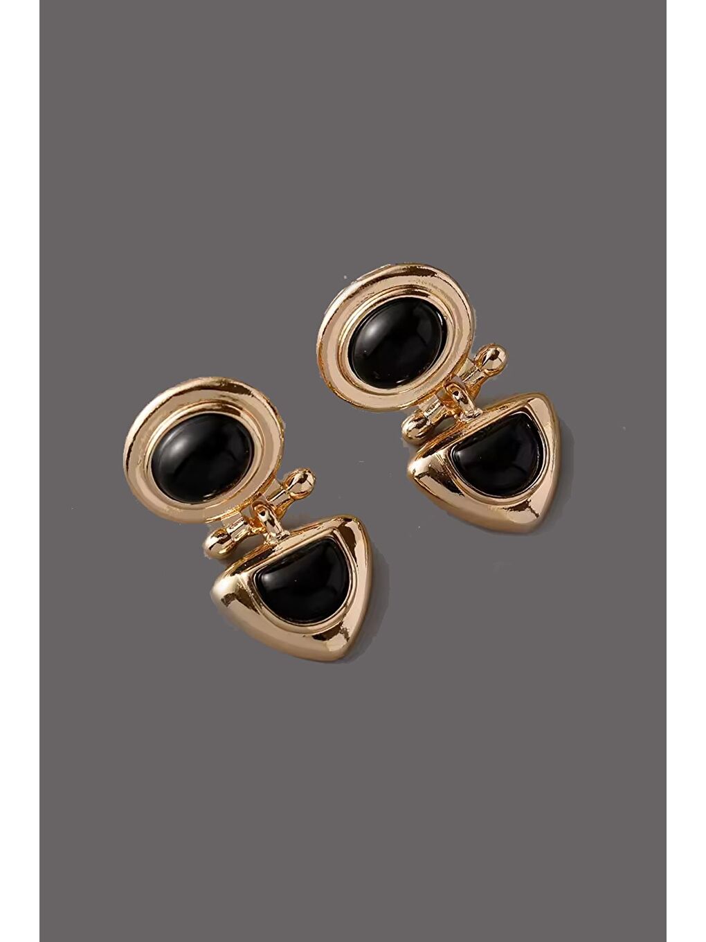 Sarı Vintage Ally Siyah Mineli Sallantılı Küpe-4