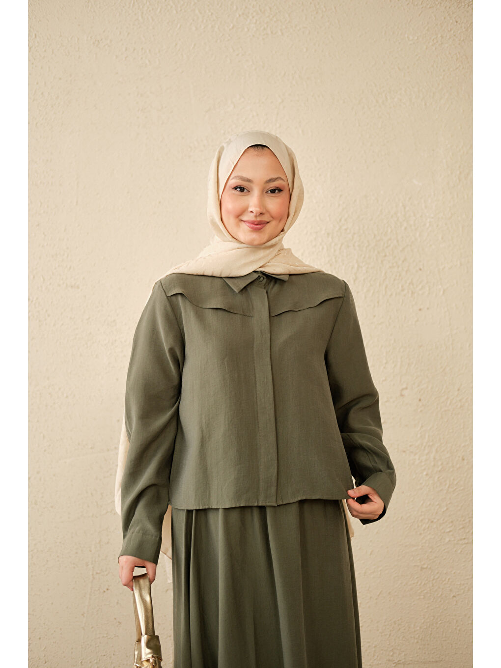 Kadın Ön Gizli Düğme Detay Kısa Gömlek Takım Yeşil-4