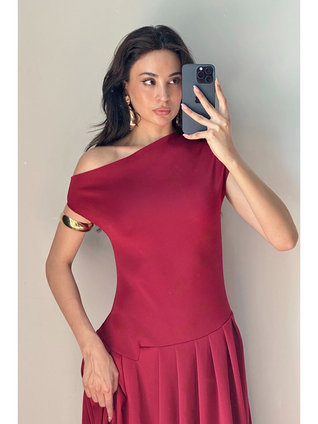 Kadın Bordo Tek Omuz Elbise 0994-0098-4