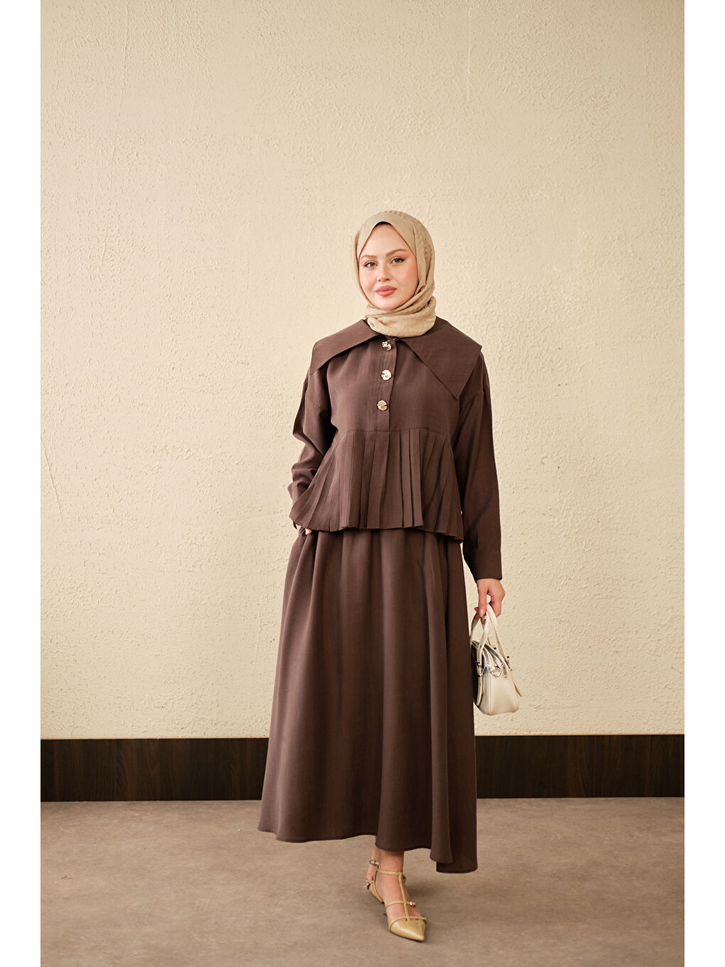 Kahverengi Kadın Gemici Yaka Fırfır Detay Takım Acı Kahve-1