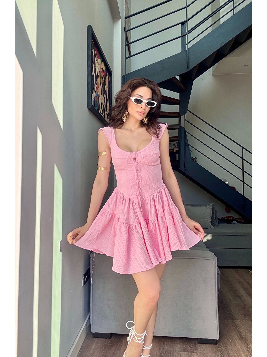 Kadın Pembe Düğme Deyalı Şort Tulum 1006-0495-3