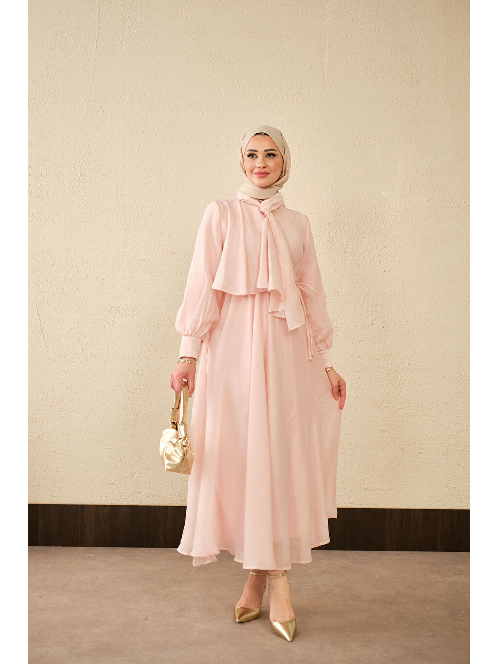 Kadın Tül Detay Şal Yaka Bel Bağlamalı Elbise Pembe-1