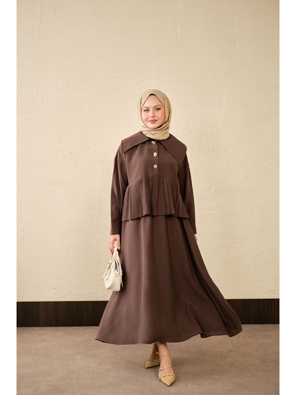 Kahverengi Kadın Gemici Yaka Fırfır Detay Takım Acı Kahve-3
