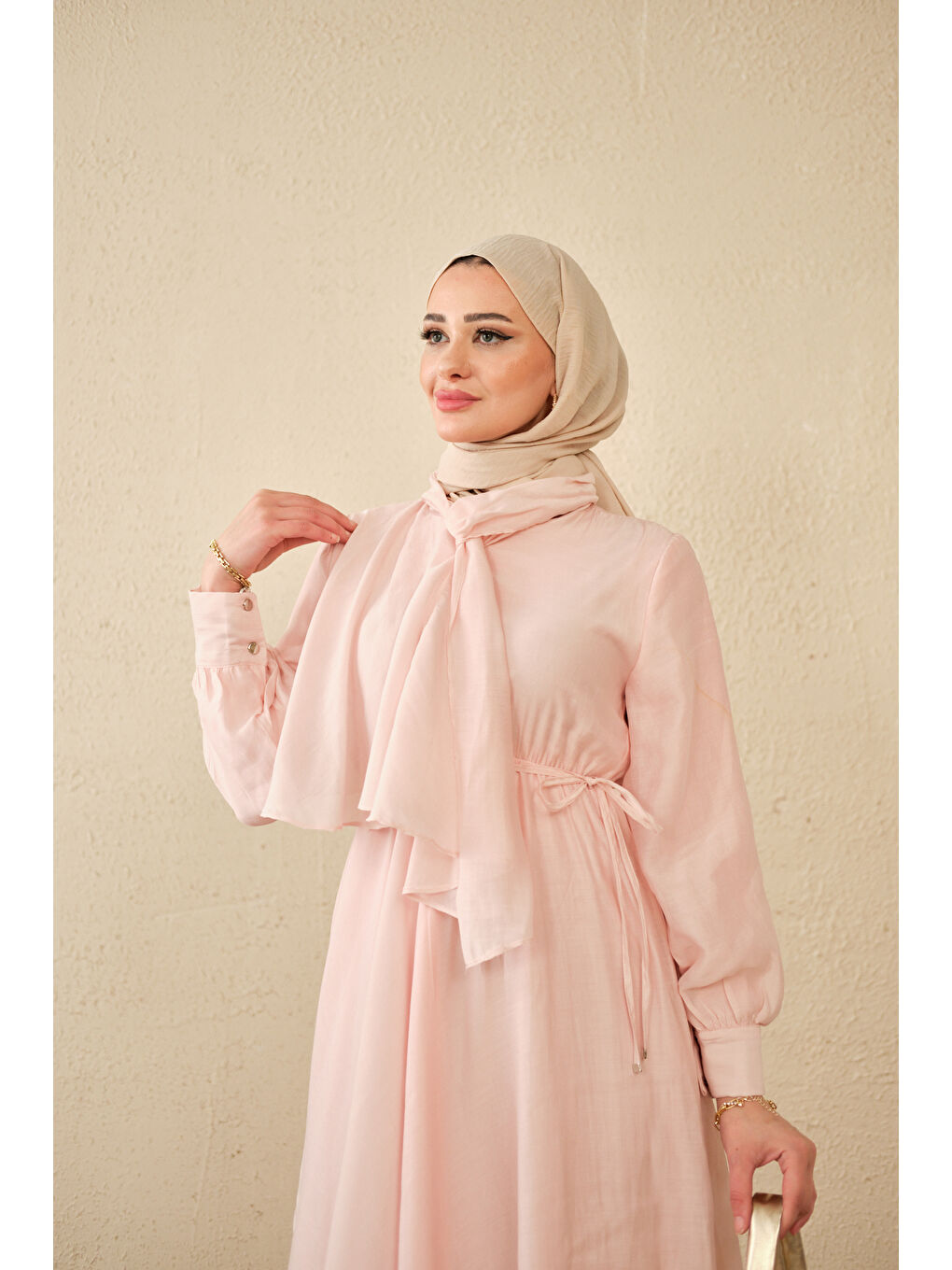 Kadın Tül Detay Şal Yaka Bel Bağlamalı Elbise Pembe-2