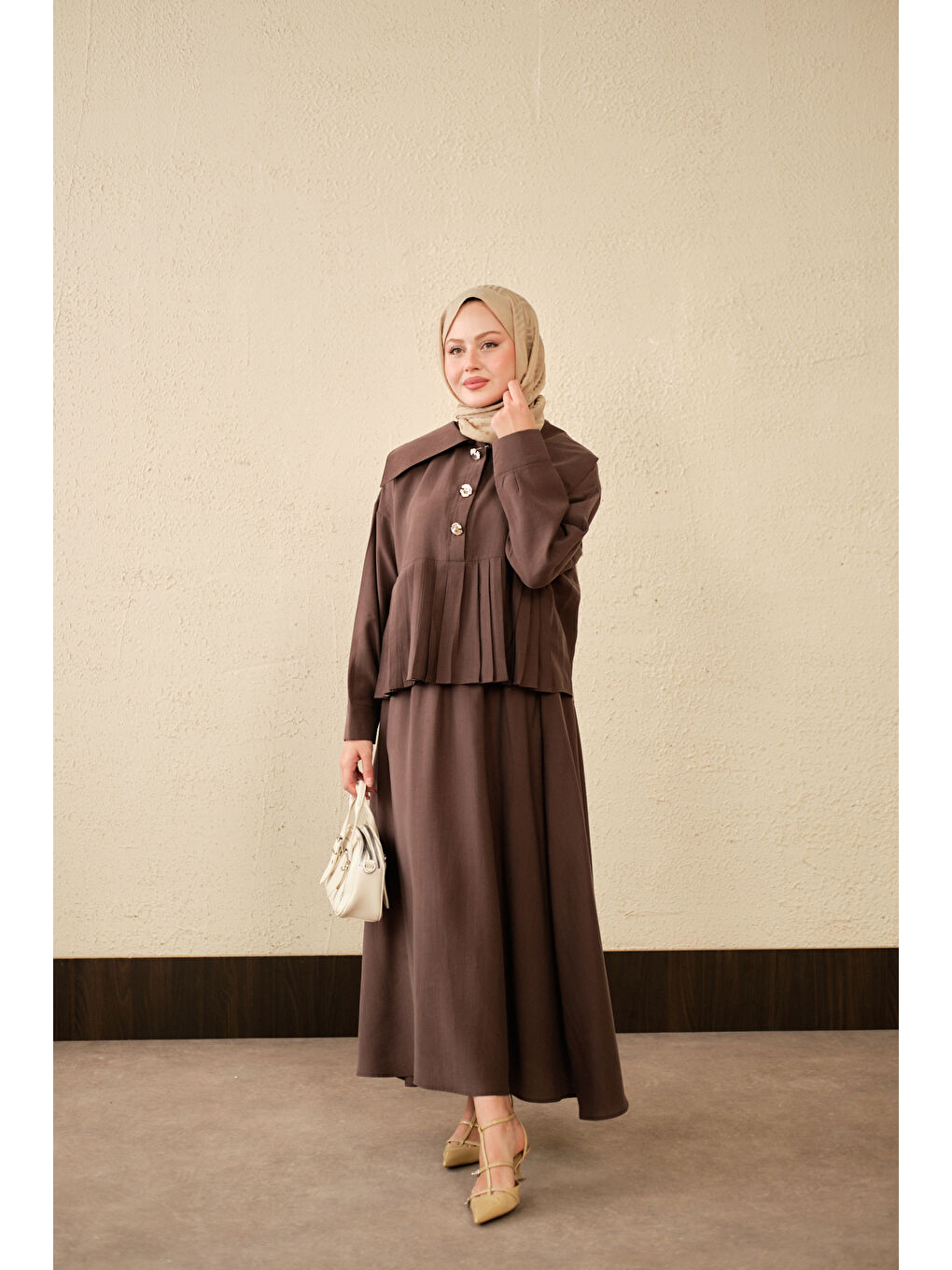 Kahverengi Kadın Gemici Yaka Fırfır Detay Takım Acı Kahve-4