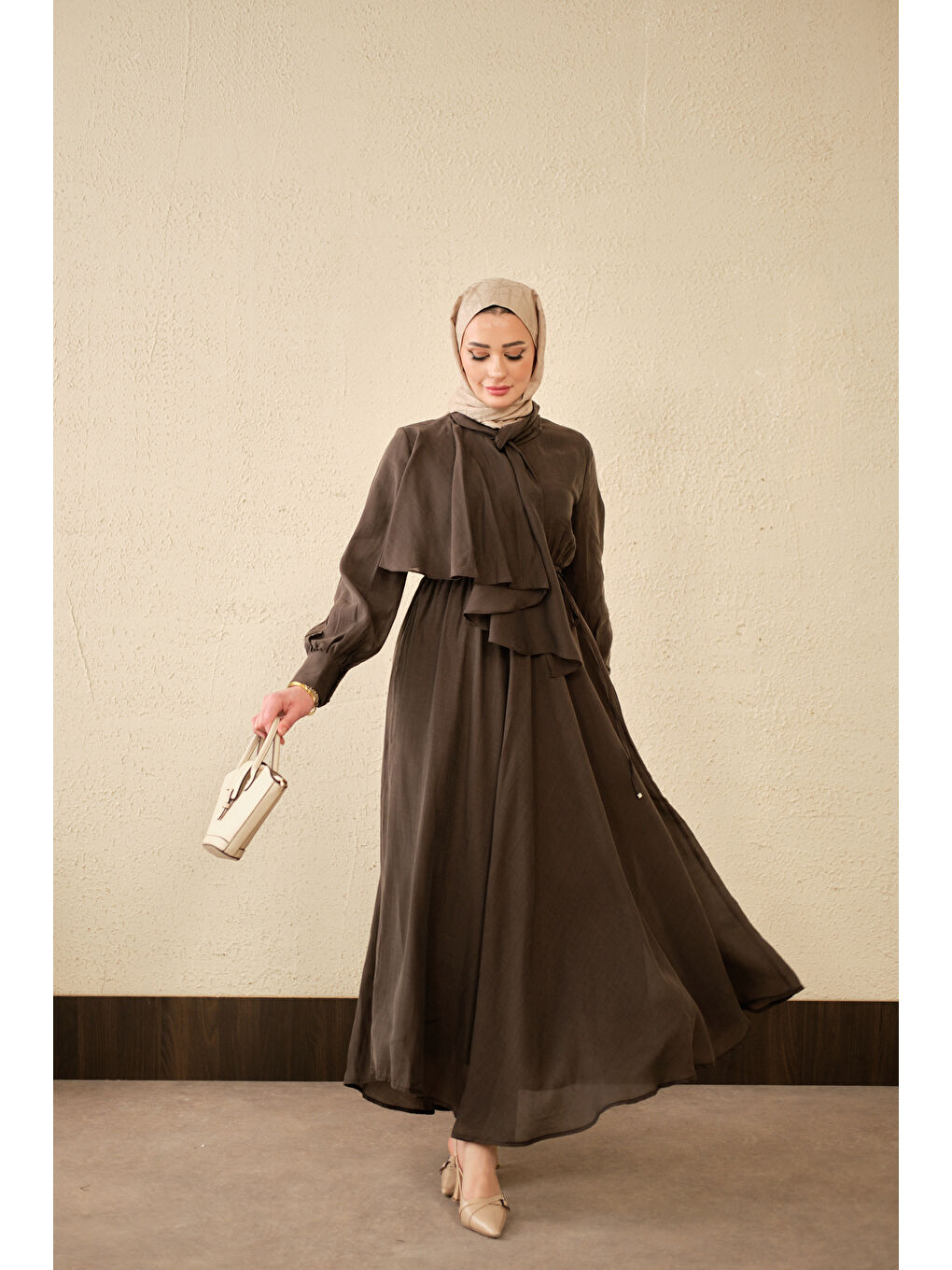 Kadın Tül Detay Şal Yaka Bel Bağlamalı Elbise Kahverengi-1