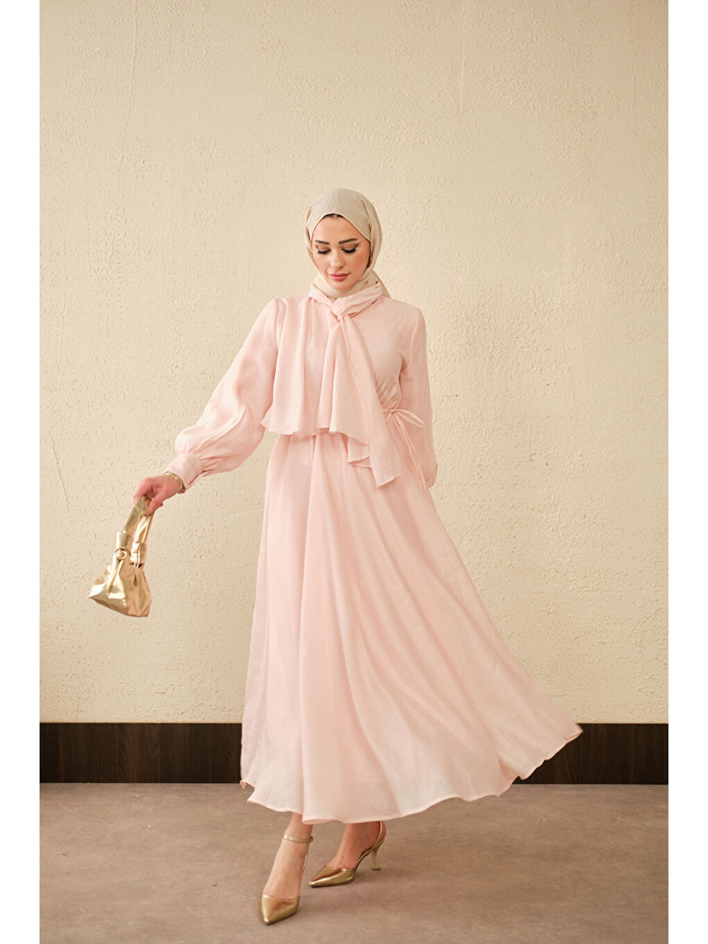 Kadın Tül Detay Şal Yaka Bel Bağlamalı Elbise Pembe-3