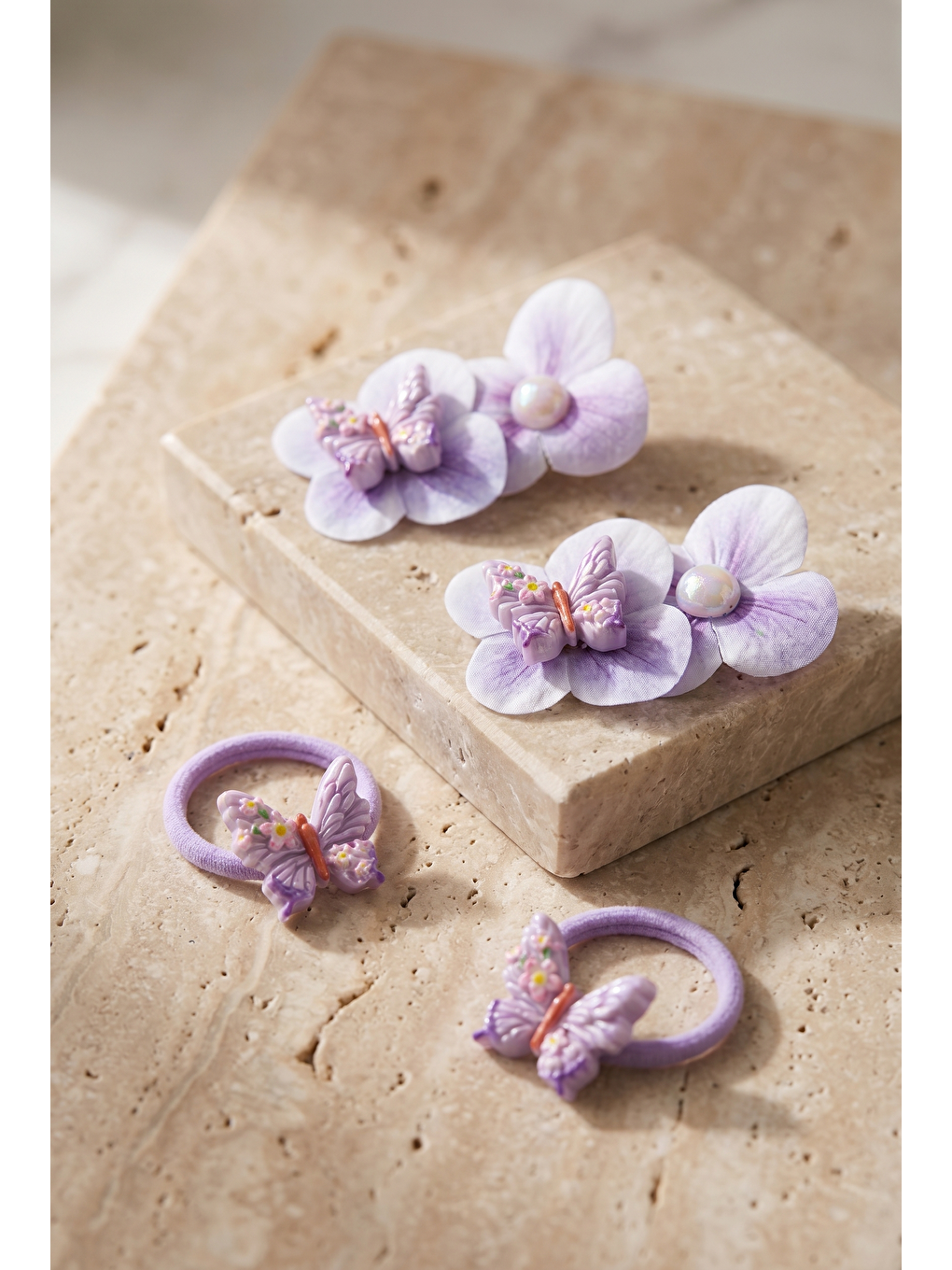 4'Lü Kelebek Aksesuarlı Çiçekli Lila Toka Seti
