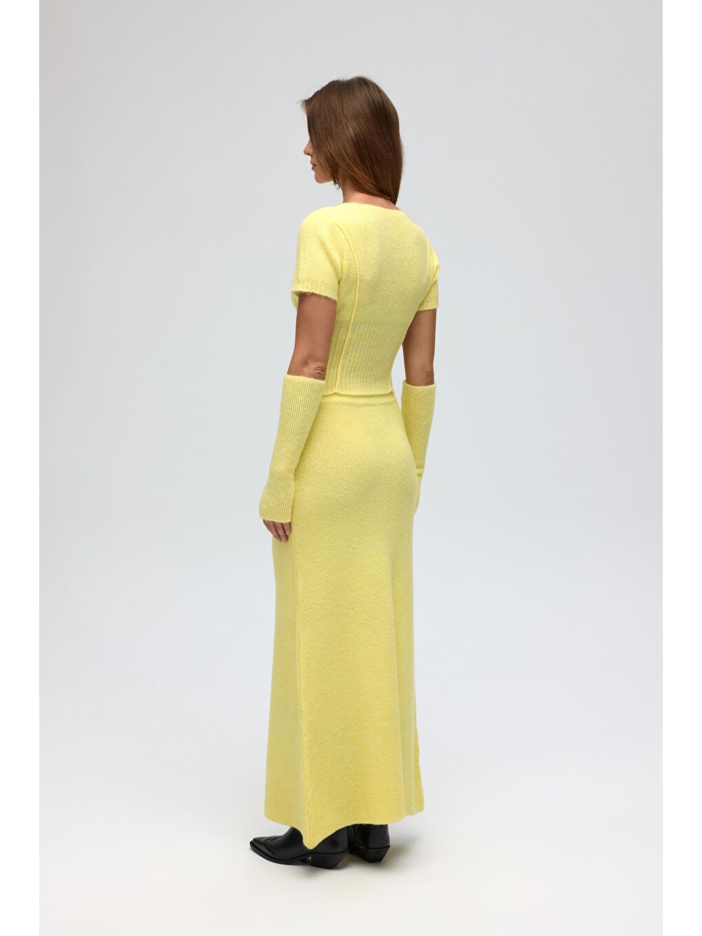 Lumi Gül Detay Sarı Crop Etek Triko Takım-3