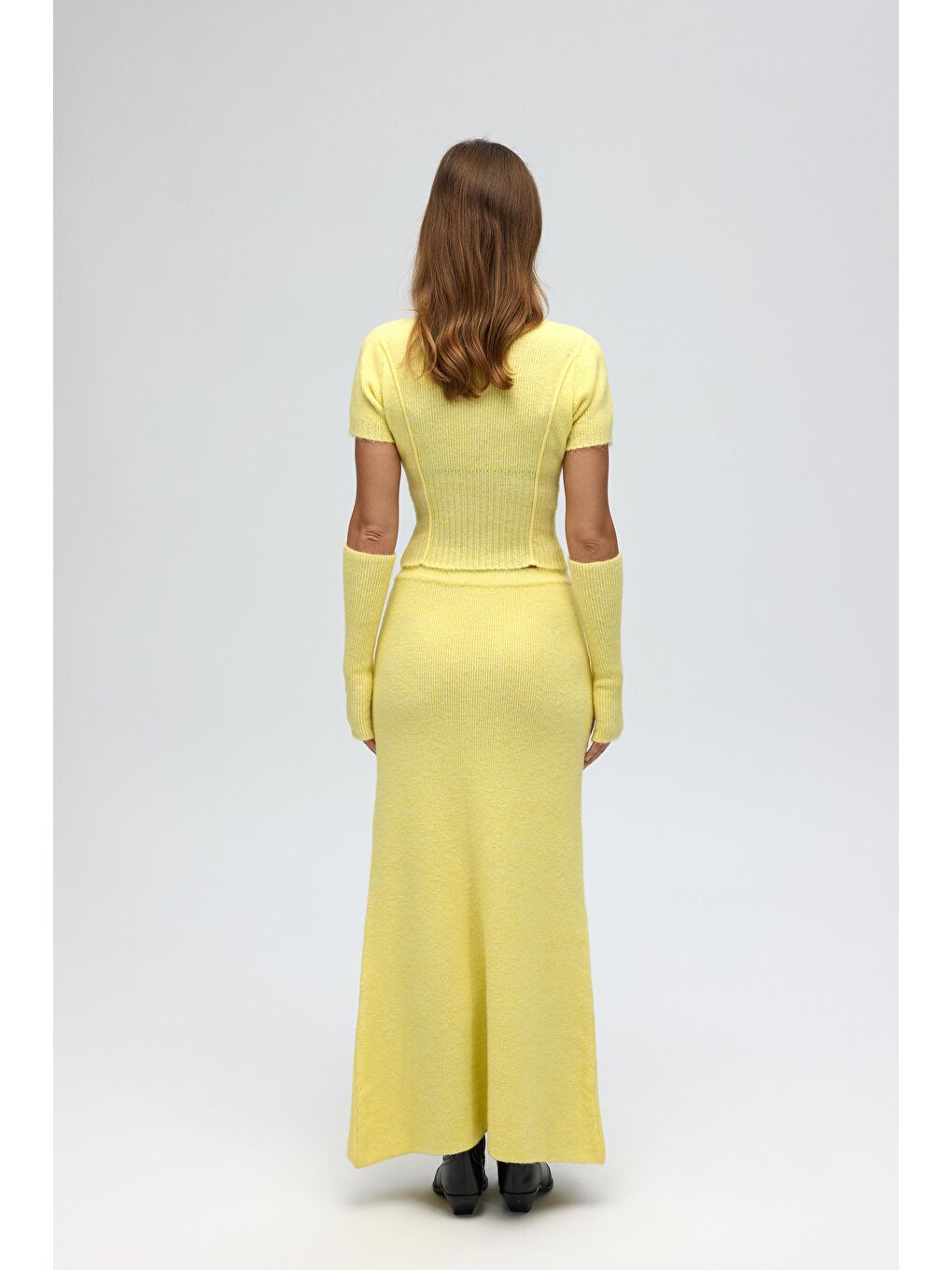 Lumi Gül Detay Sarı Crop Etek Triko Takım-4