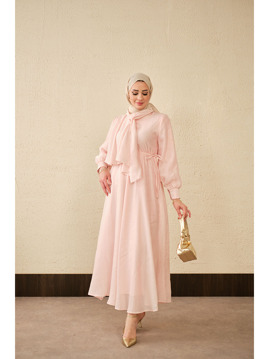 Kadın Tül Detay Şal Yaka Bel Bağlamalı Elbise Pembe-4