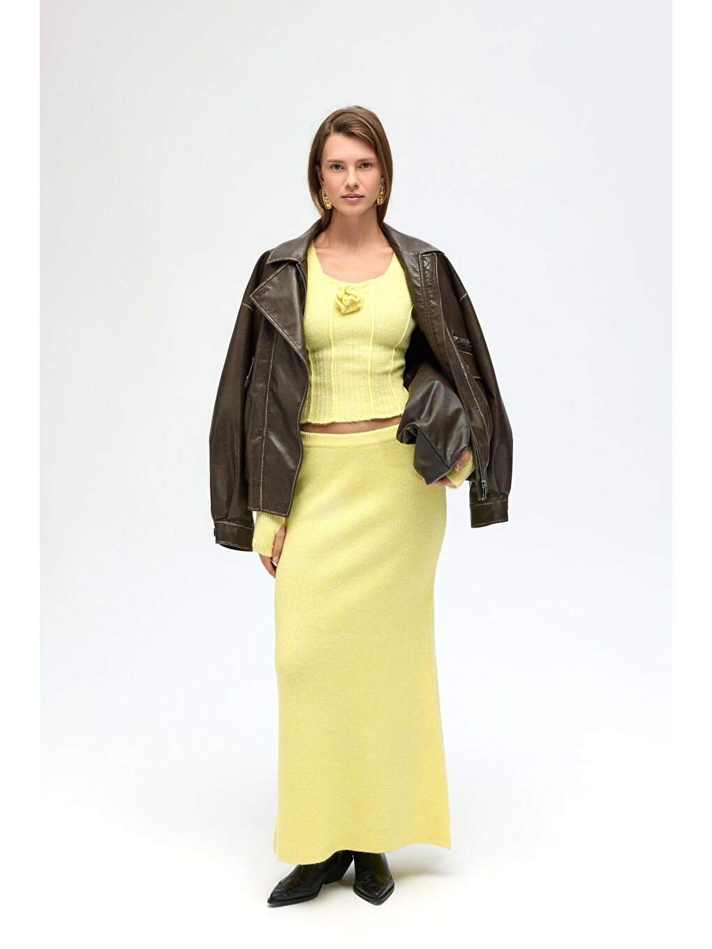 Lumi Gül Detay Sarı Crop Etek Triko Takım-5