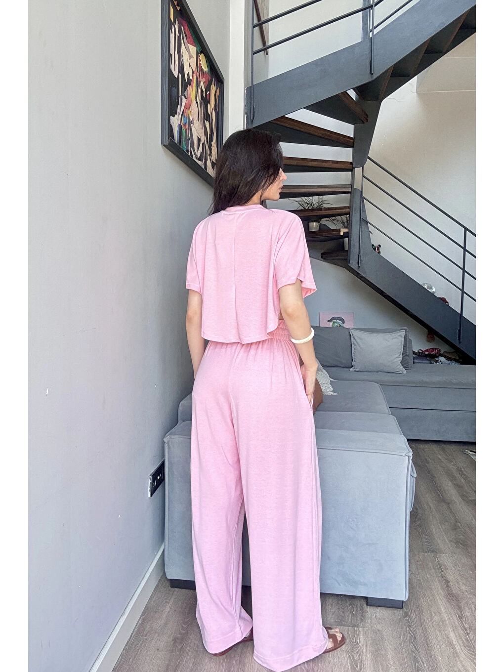Kadın Pembe Crop Pantolon Takım 1017-0176-3