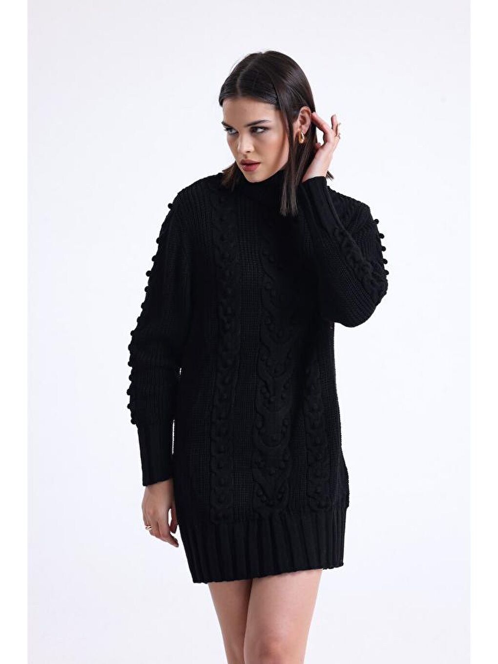 Siyah Kadın Balıkçı Yaka Gofralı Triko Tunik 11002