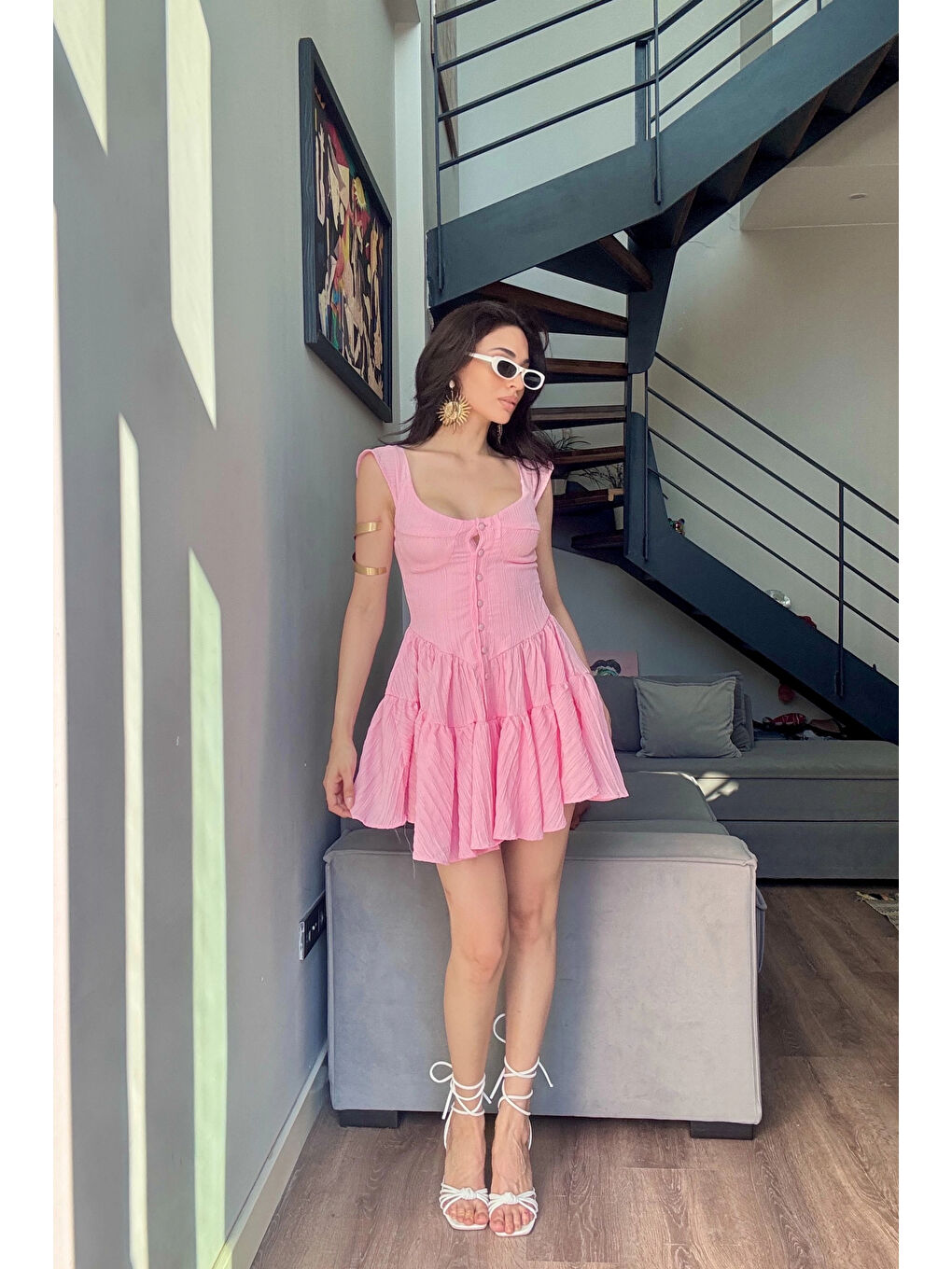 Kadın Pembe Düğme Deyalı Şort Tulum 1006-0495-4