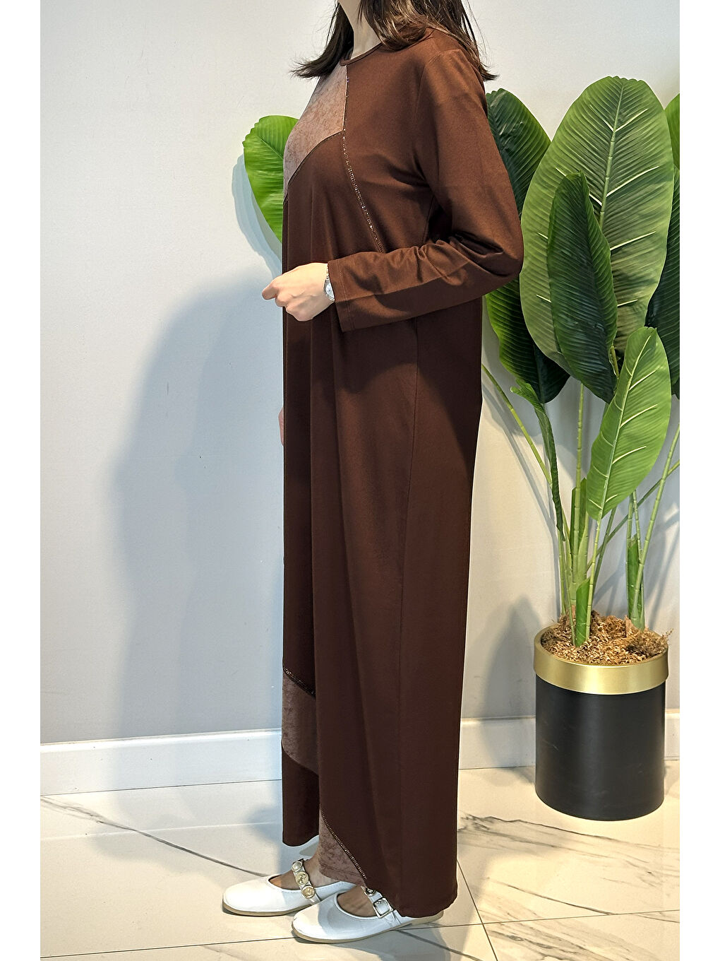 Kahverengi Penye Deri ve Taş Detaylı Elbise 45-82 Kahve-2