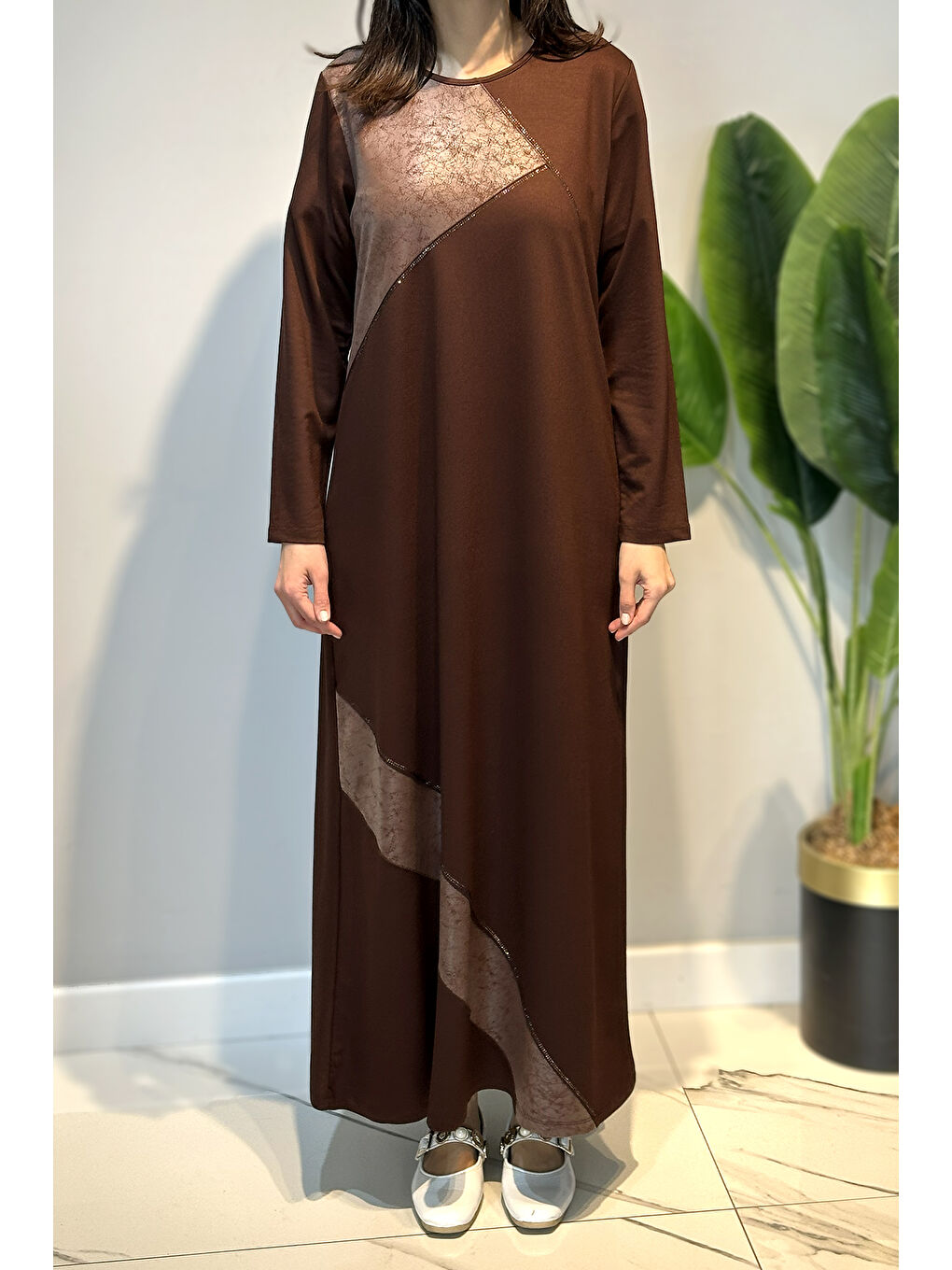 Kahverengi Penye Deri ve Taş Detaylı Elbise 45-82 Kahve-3