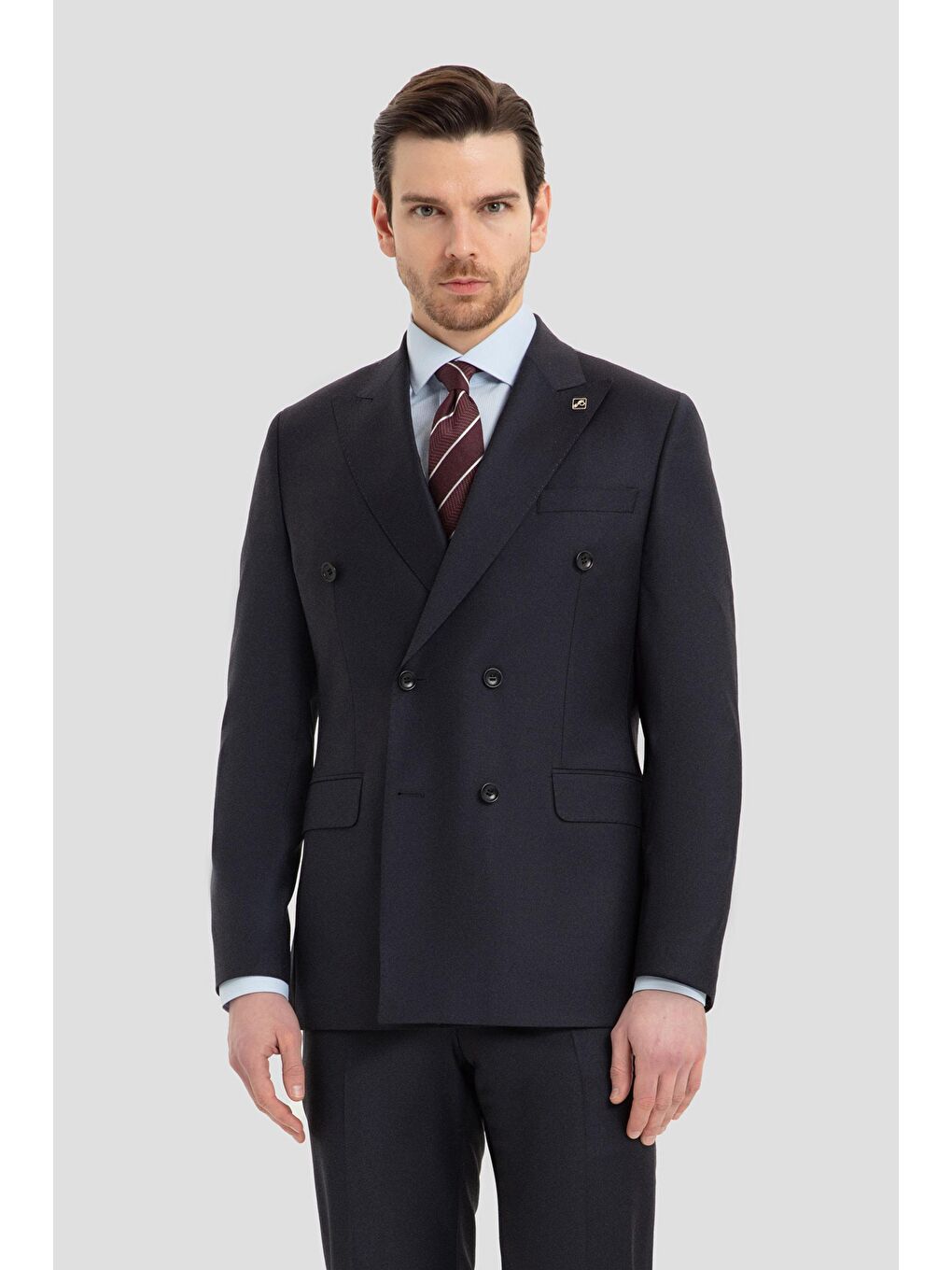 Yün Karışımlı Kruvaze Sivri Yaka Takım Elbise Lacivert