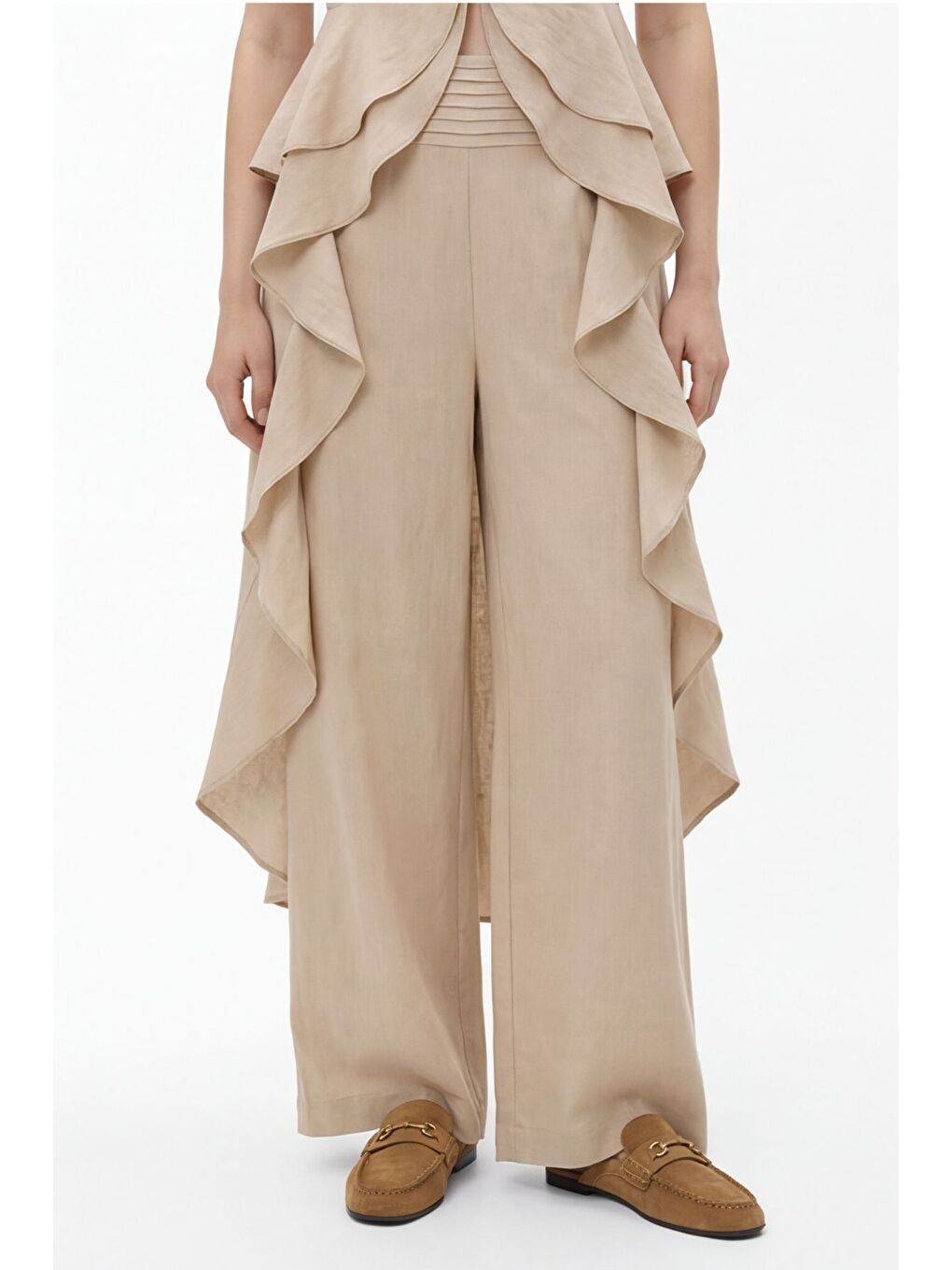 Pileli Bel Bantlı Bol Paça Pantolon Bej-1