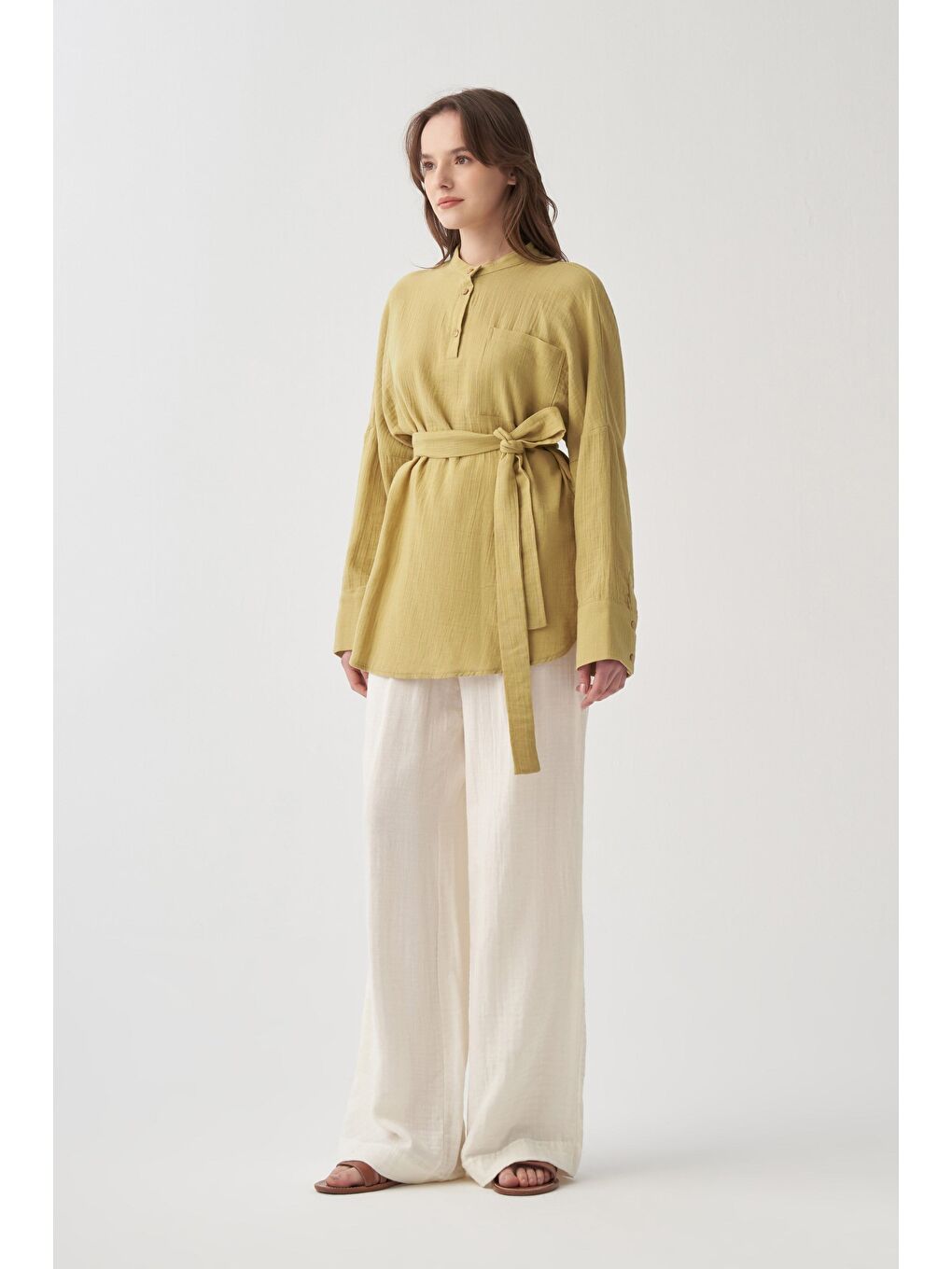 Soft Yeşil-Kuşaklı Müslin Gömlek-1