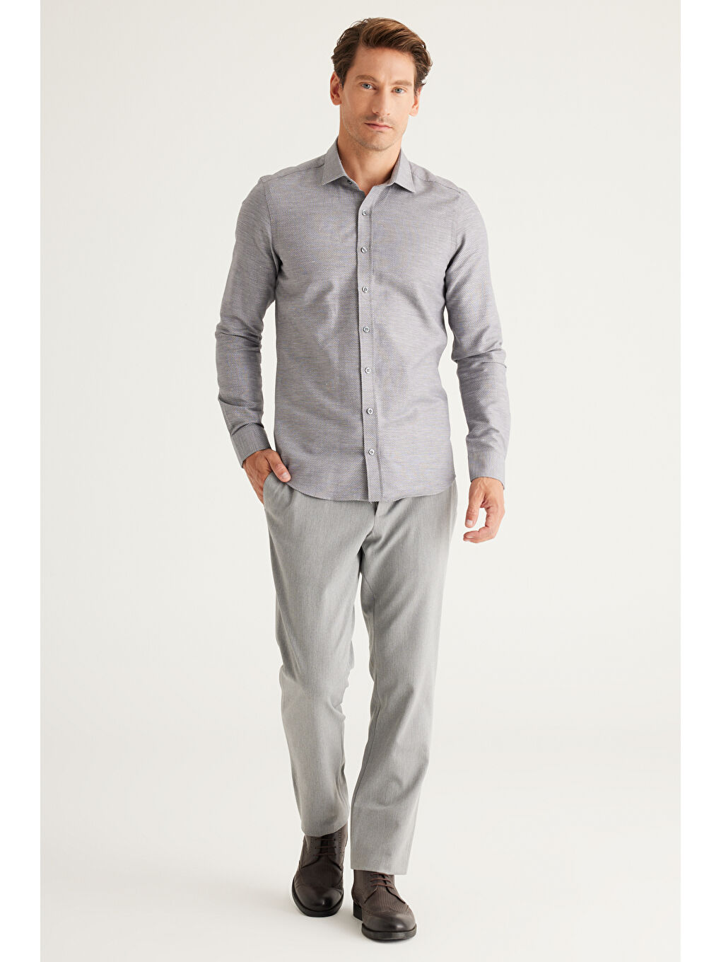 Erkek Açık Gri Slim Fit Dar Kesim Beli Bağlamalı Esnek Pantolon-1