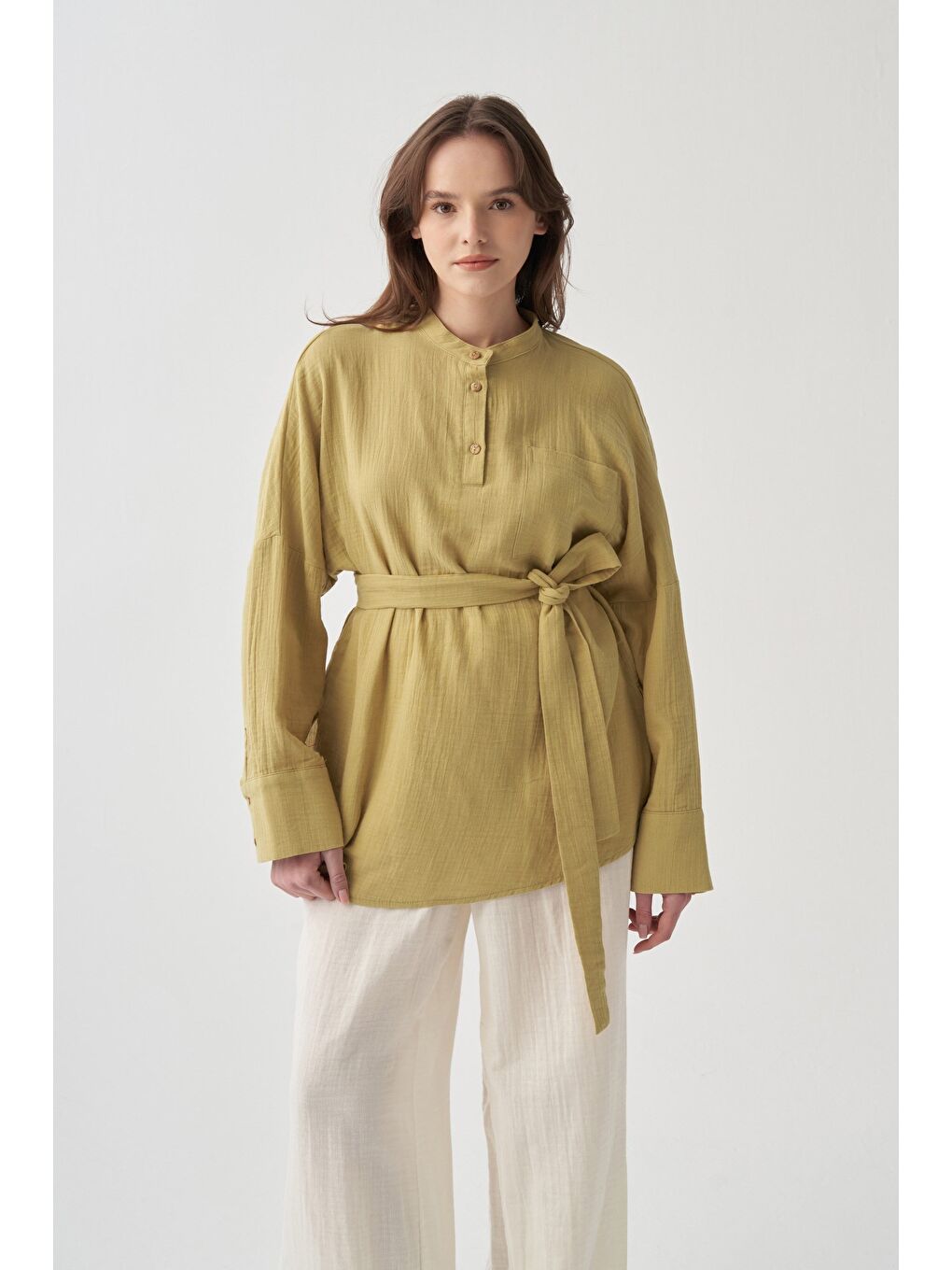 Soft Yeşil-Kuşaklı Müslin Gömlek-2