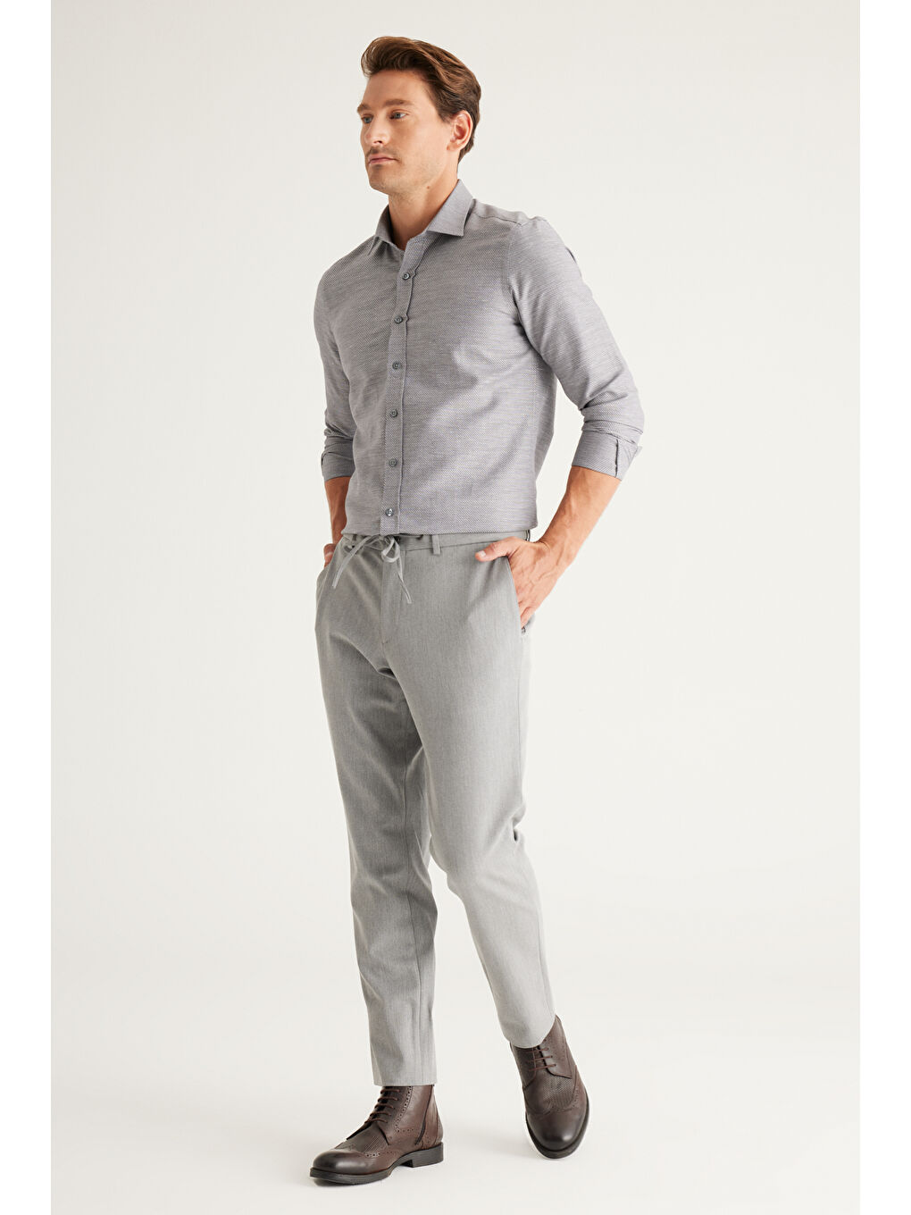 Erkek Açık Gri Slim Fit Dar Kesim Beli Bağlamalı Esnek Pantolon-2