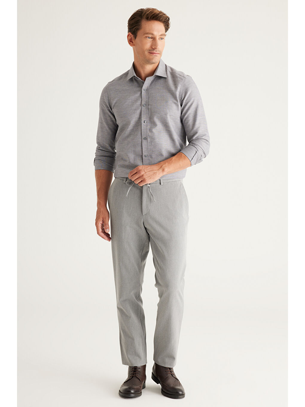 Erkek Açık Gri Slim Fit Dar Kesim Beli Bağlamalı Esnek Pantolon-3