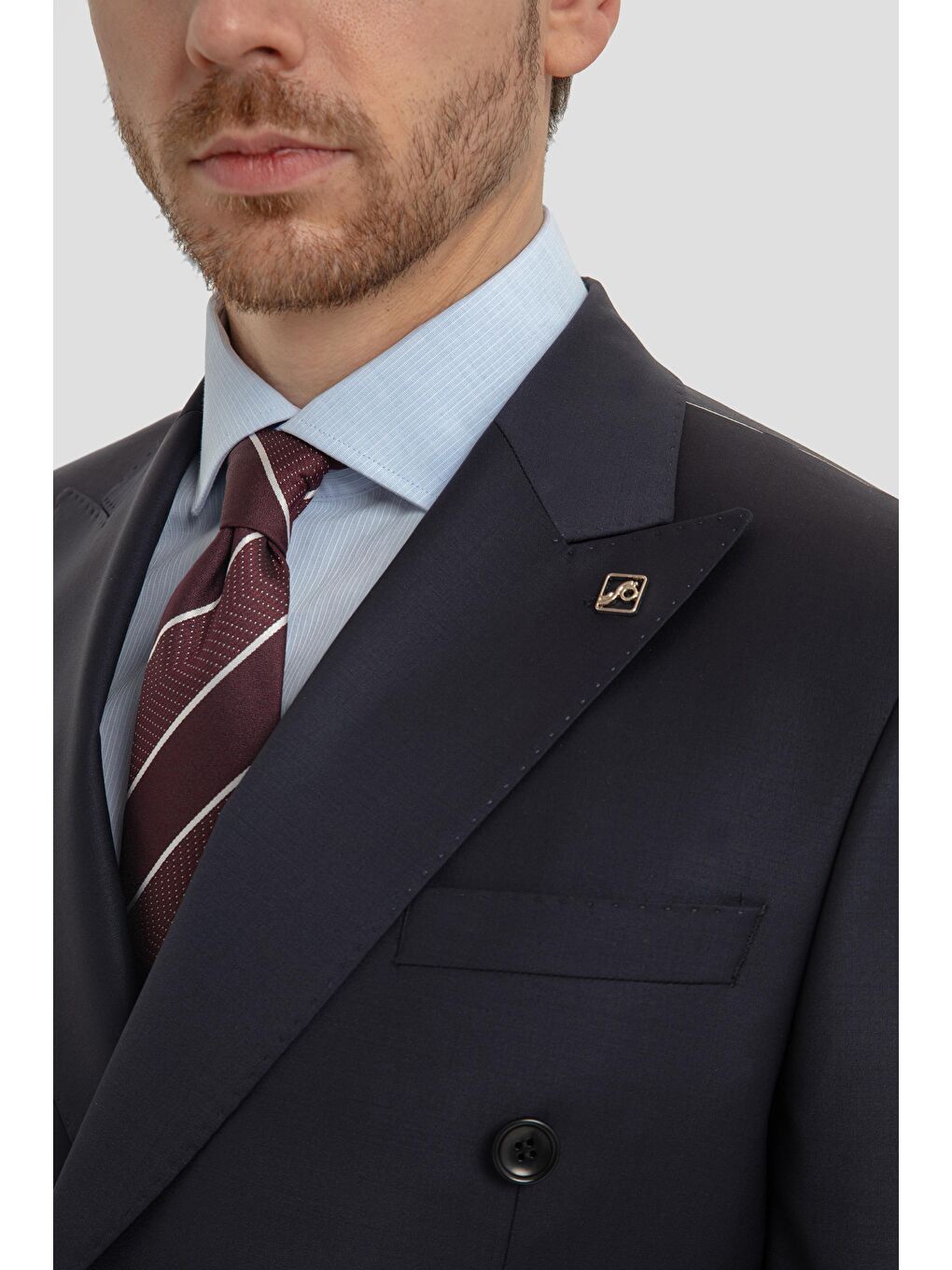 Yün Karışımlı Kruvaze Sivri Yaka Takım Elbise Lacivert-5