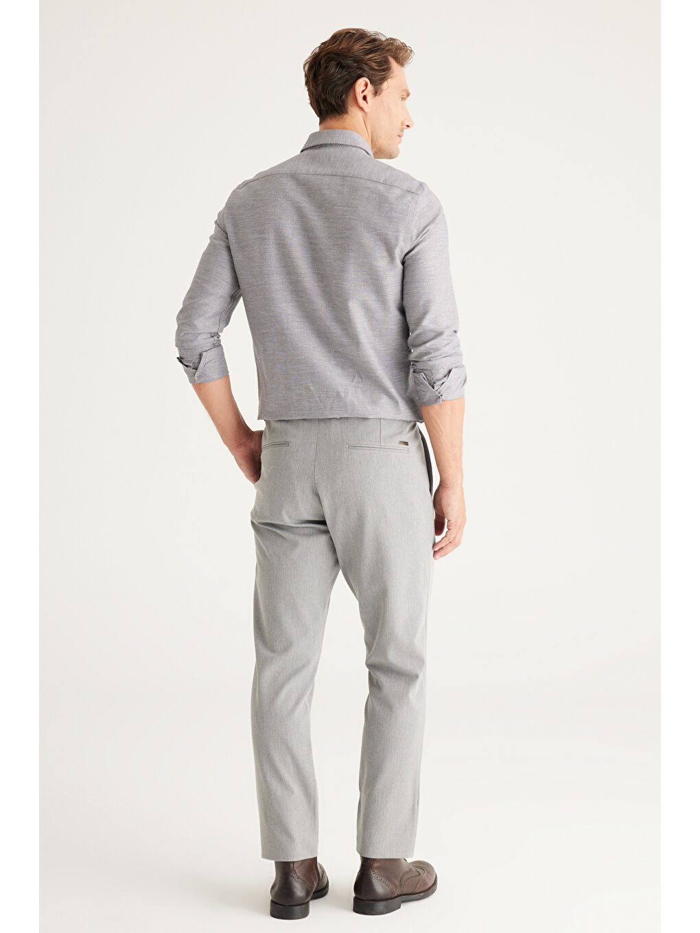 Erkek Açık Gri Slim Fit Dar Kesim Beli Bağlamalı Esnek Pantolon-5