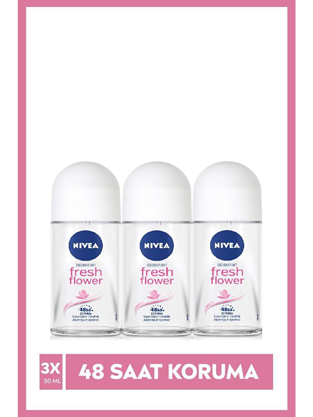 NIVEA Şeffaf Fresh Flower Deodorant Kadın Roll On, 48 Saat Koruma 50 ml X3 Adet, 48 Saat Koruma,Taze Çiçek Kokusu