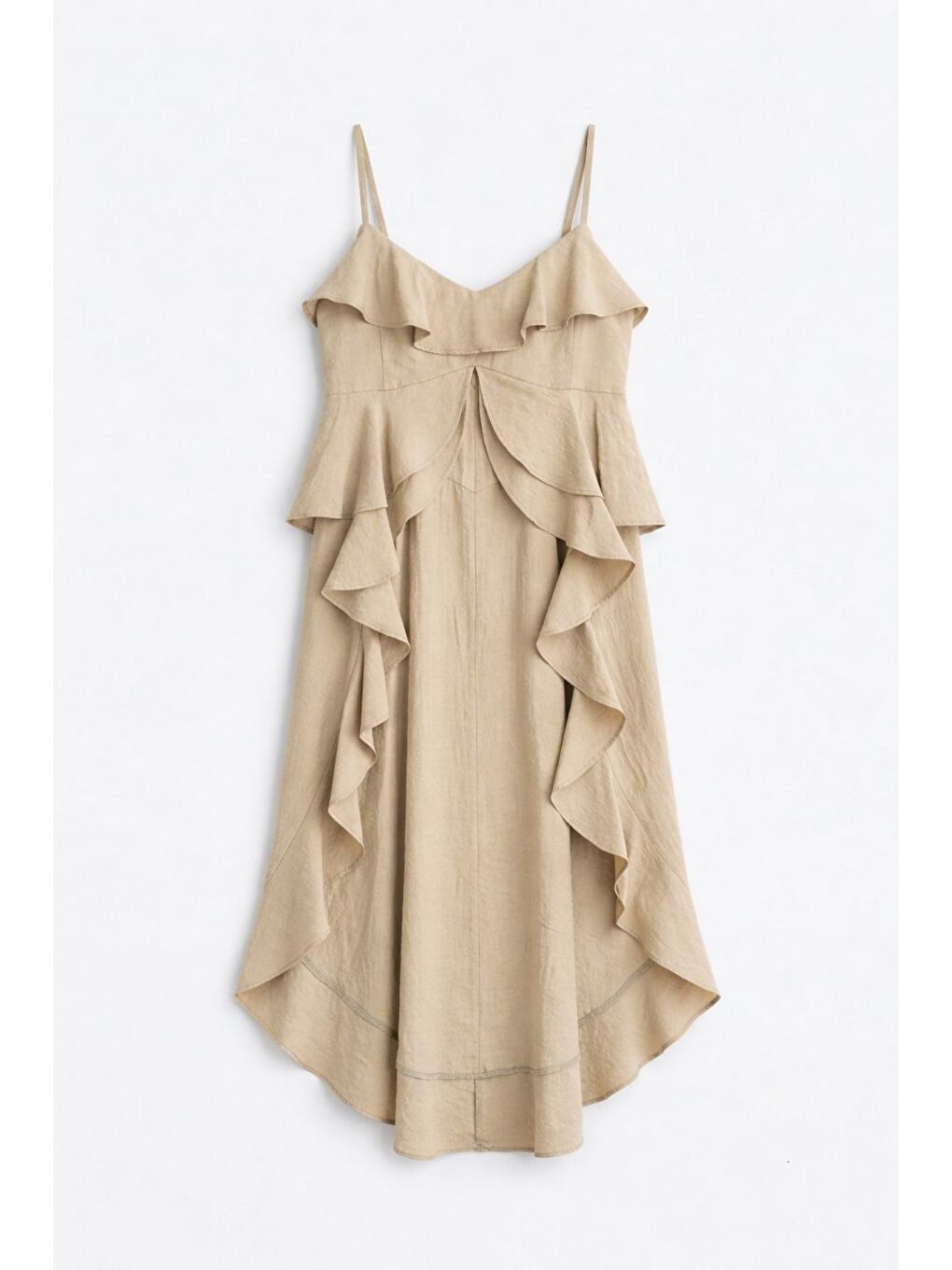 Askılı Volanlı Asimetrik Bluz Bej-1