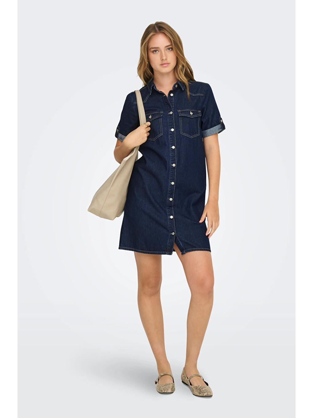 Lacivert Onllisa Pamuklu Regular Fit Klasik Yaka Mini Jean Kadın Elbise 15353176-1