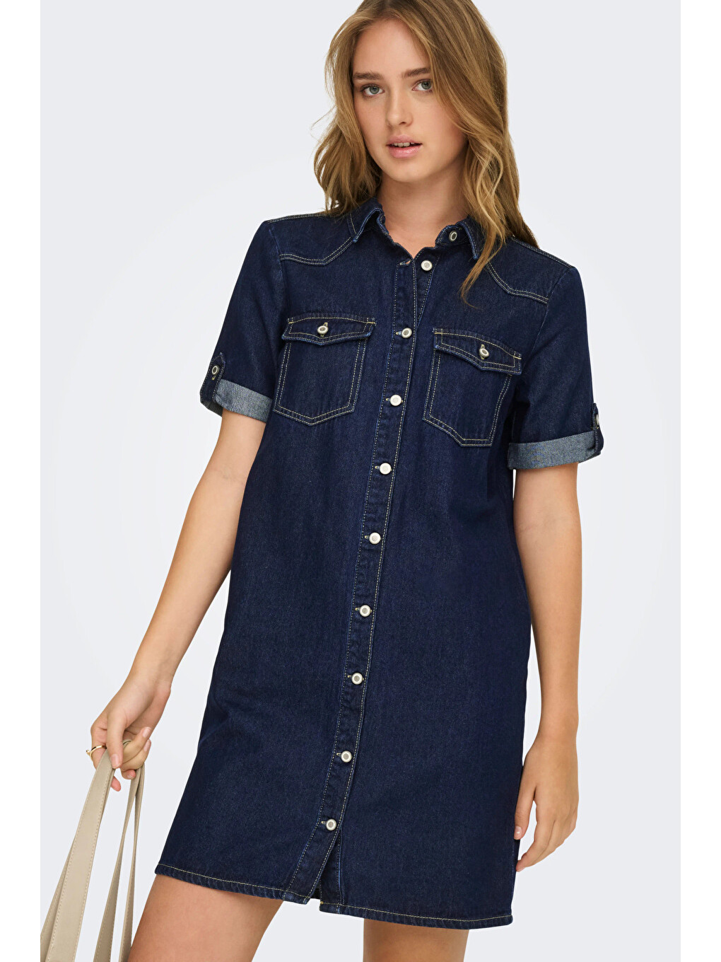 Lacivert Onllisa Pamuklu Regular Fit Klasik Yaka Mini Jean Kadın Elbise 15353176-2