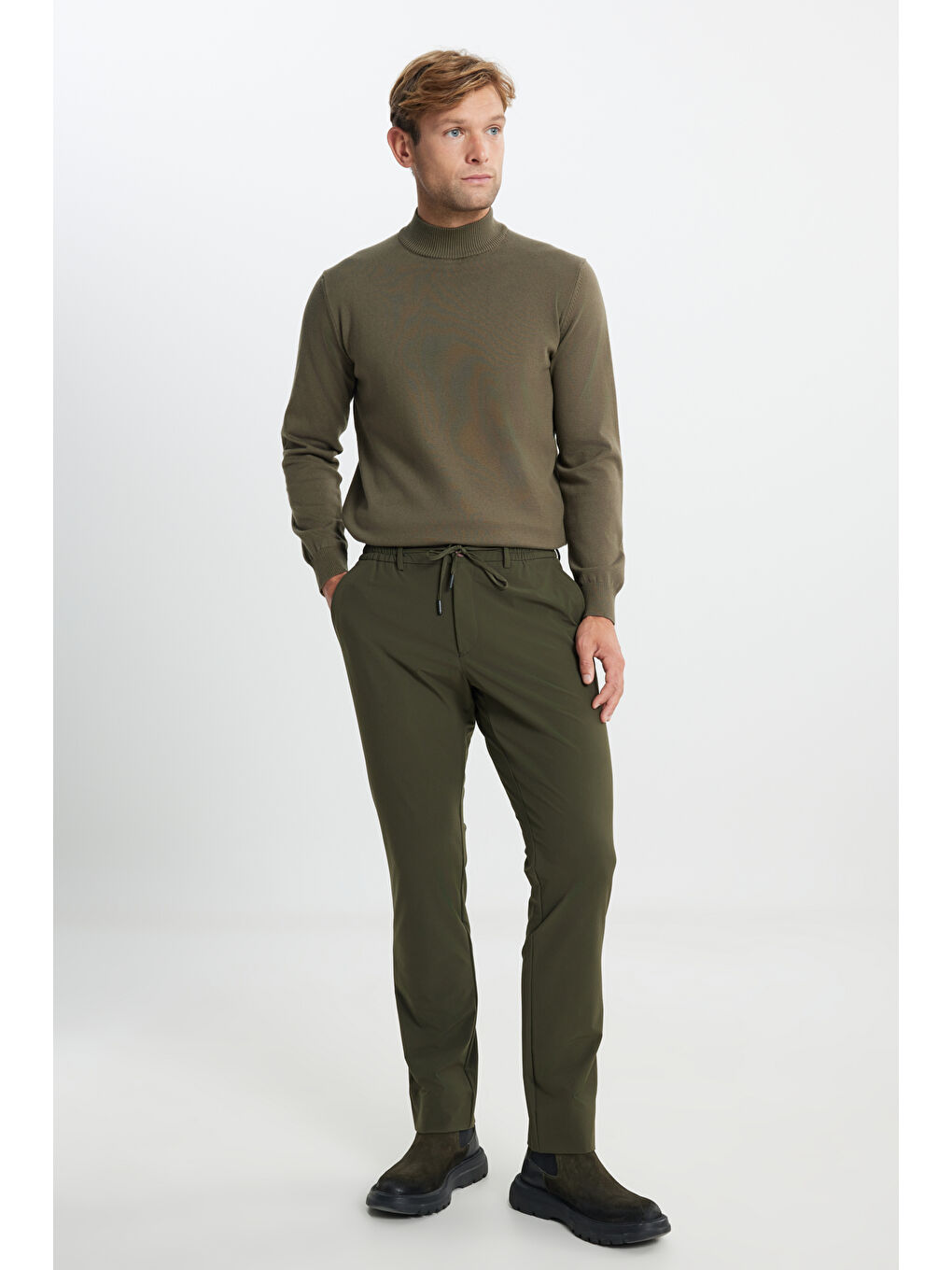 Erkek Haki Slim Fit Dar Kesim Beli Bağlamalı Esnek Pantolon