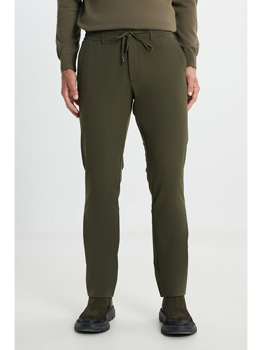 Erkek Haki Slim Fit Dar Kesim Beli Bağlamalı Esnek Pantolon-1
