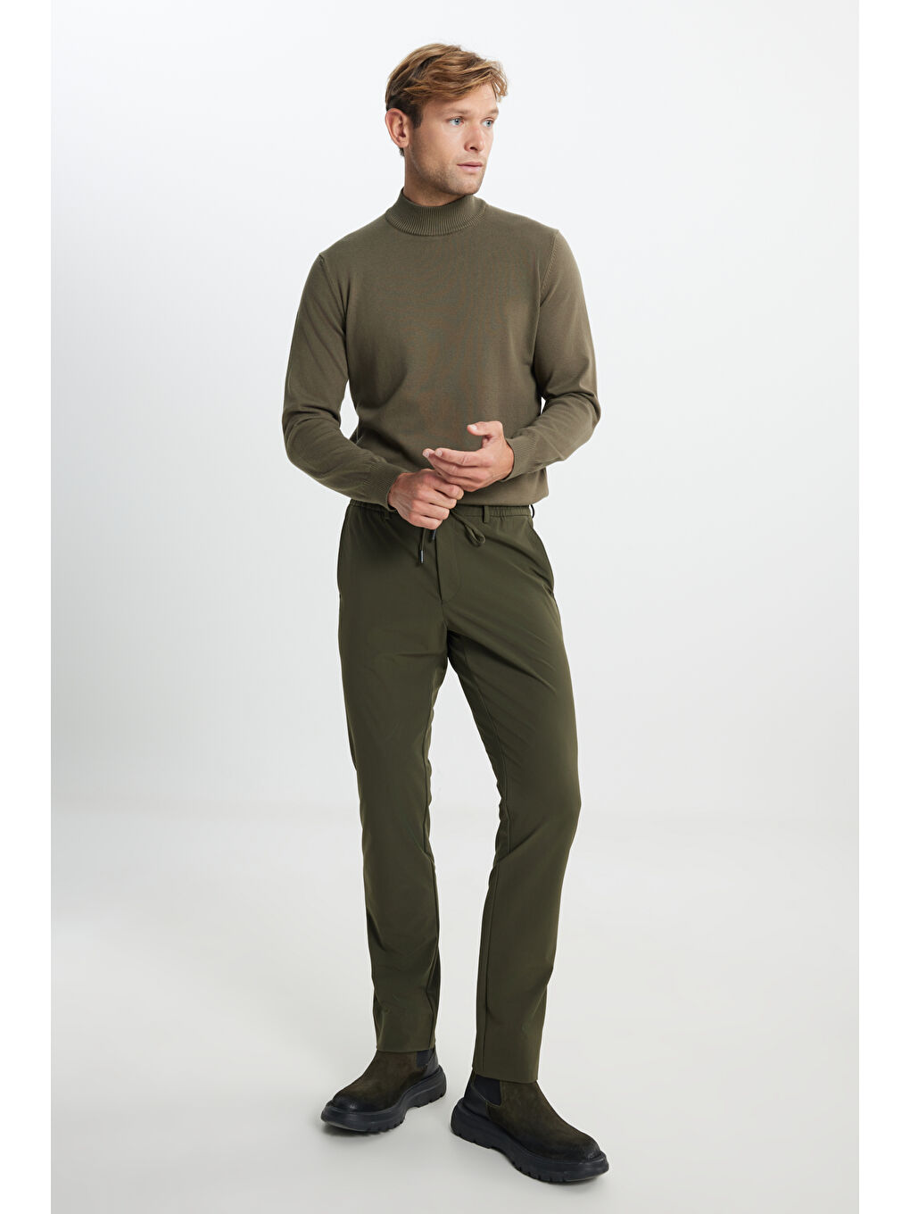 Erkek Haki Slim Fit Dar Kesim Beli Bağlamalı Esnek Pantolon-2