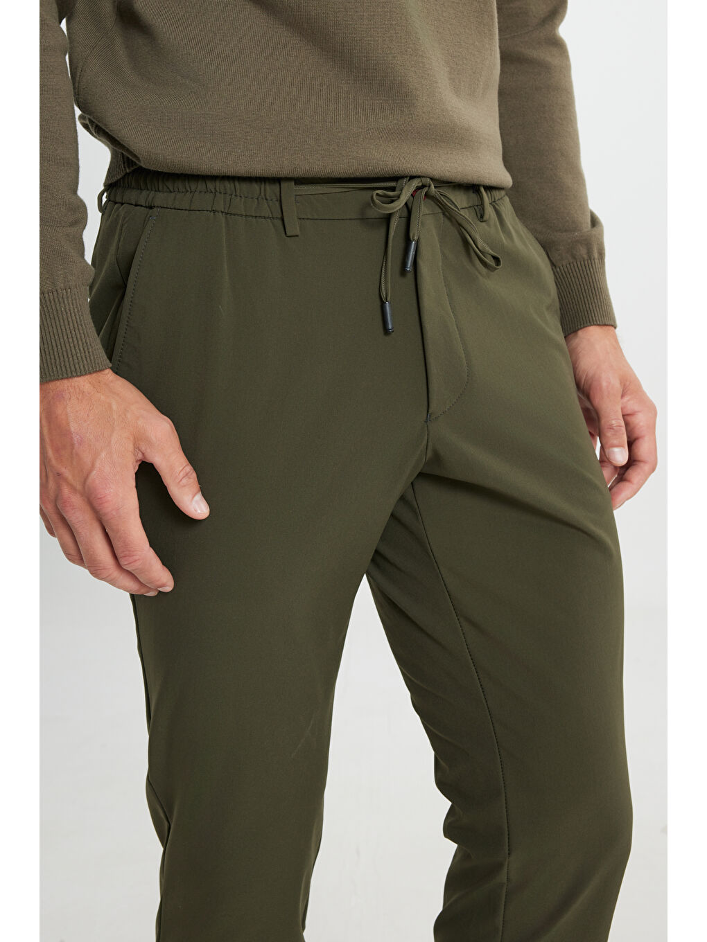 Erkek Haki Slim Fit Dar Kesim Beli Bağlamalı Esnek Pantolon-4