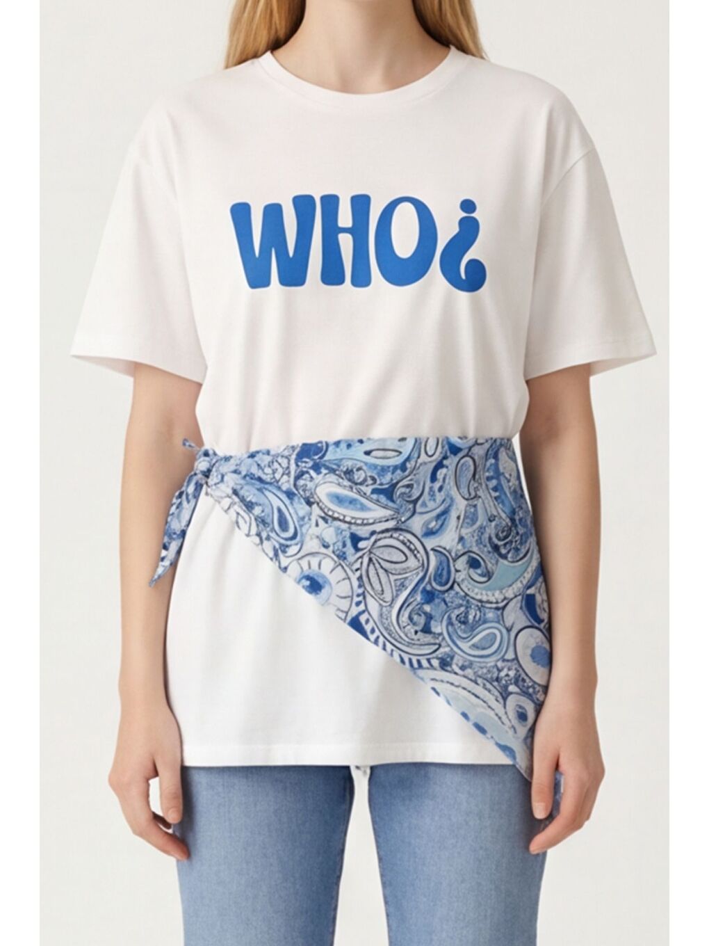 Şal Bağlamalı Yazı Baskılı Oversize Tişört Ekru-2