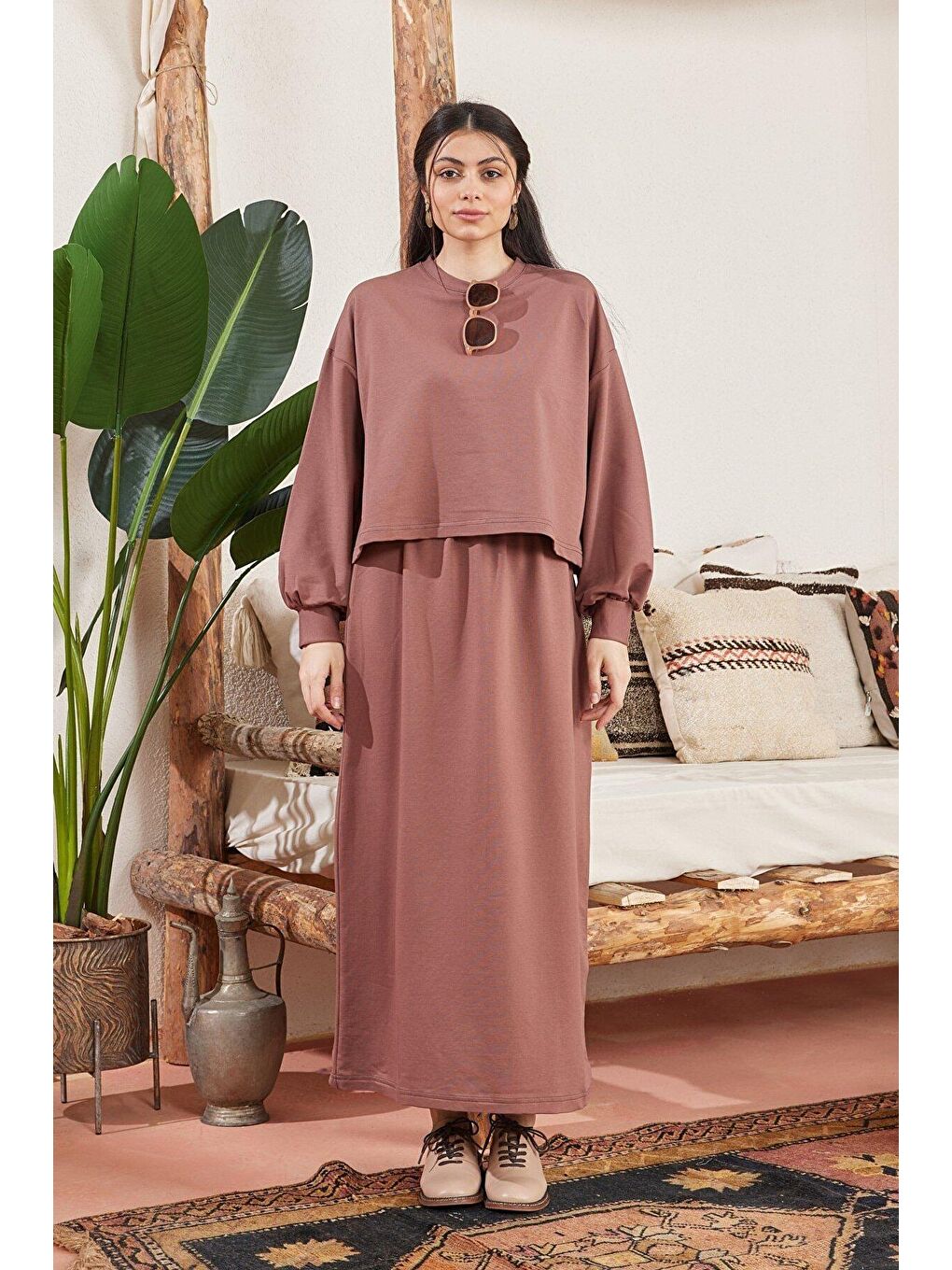 Kahverengi Çikolata 2 İplik Crop Sweatshirt