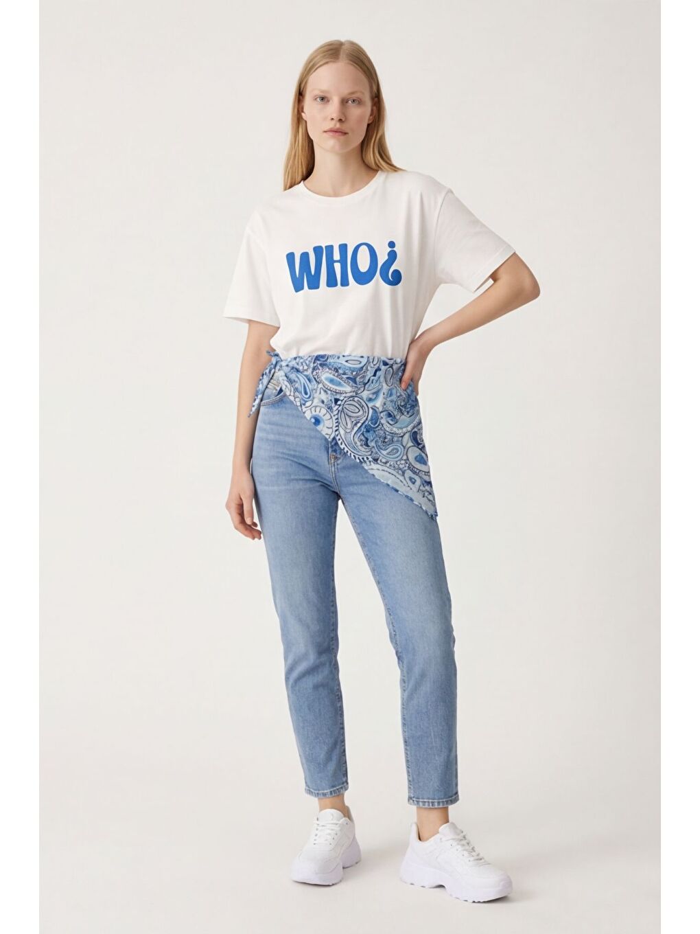 Şal Bağlamalı Yazı Baskılı Oversize Tişört Ekru-3