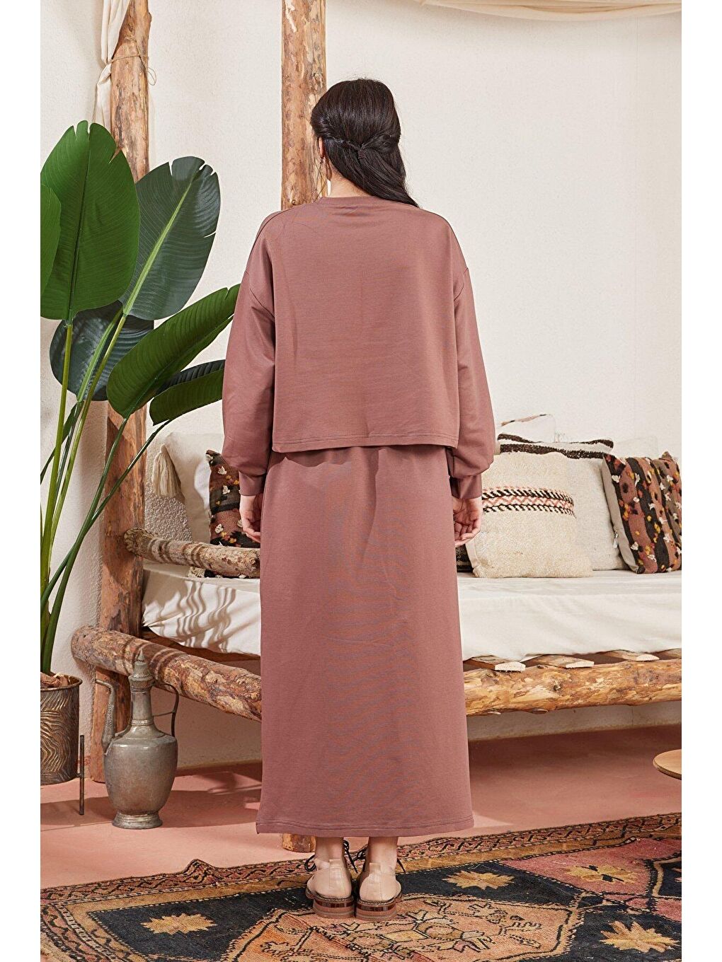 Kahverengi Çikolata 2 İplik Crop Sweatshirt-2