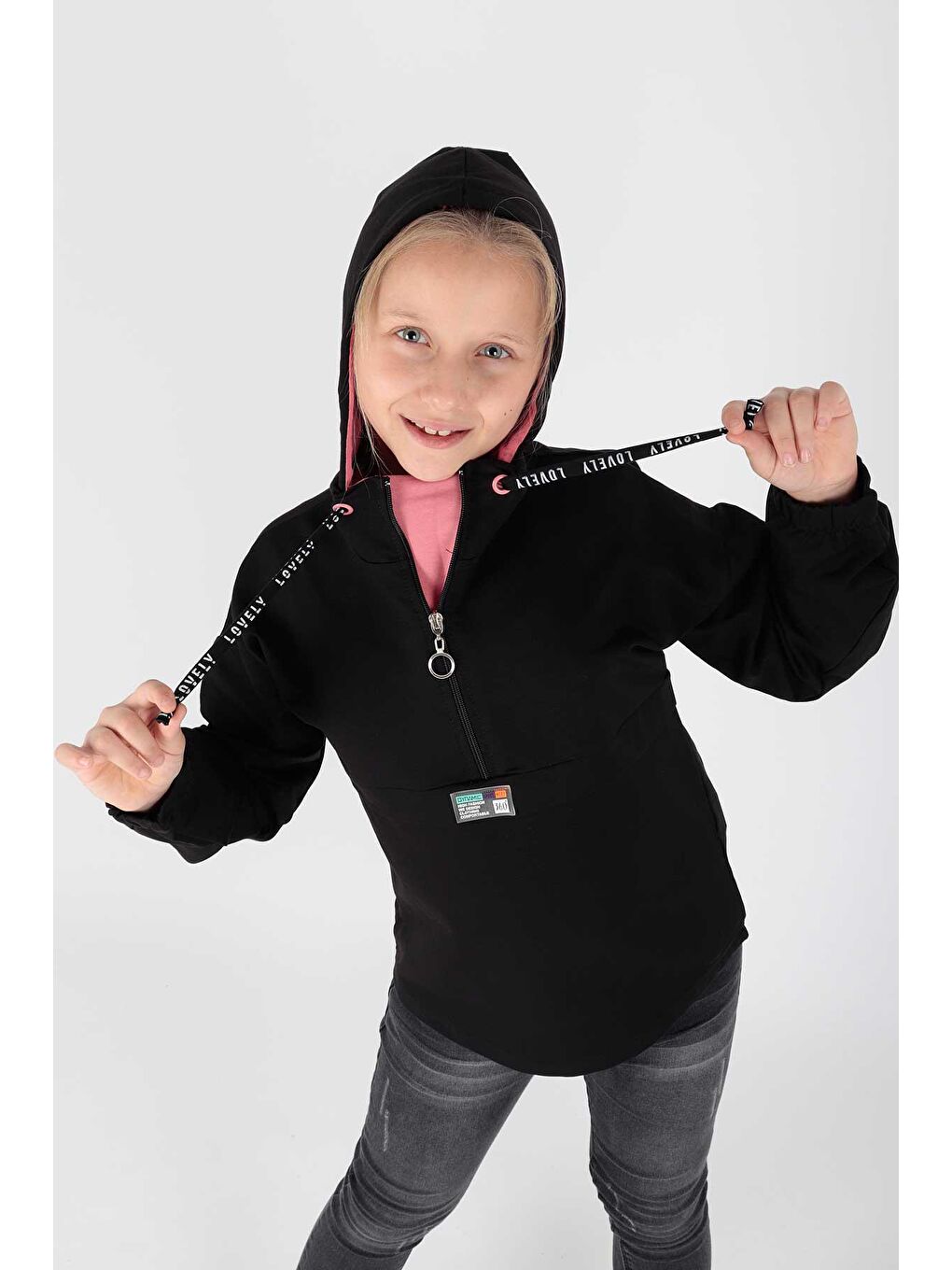 Lacivert Kids Kız Kapşonlu Sweat Uzun Kollu Fermuarlı Hoodie Pamuklu