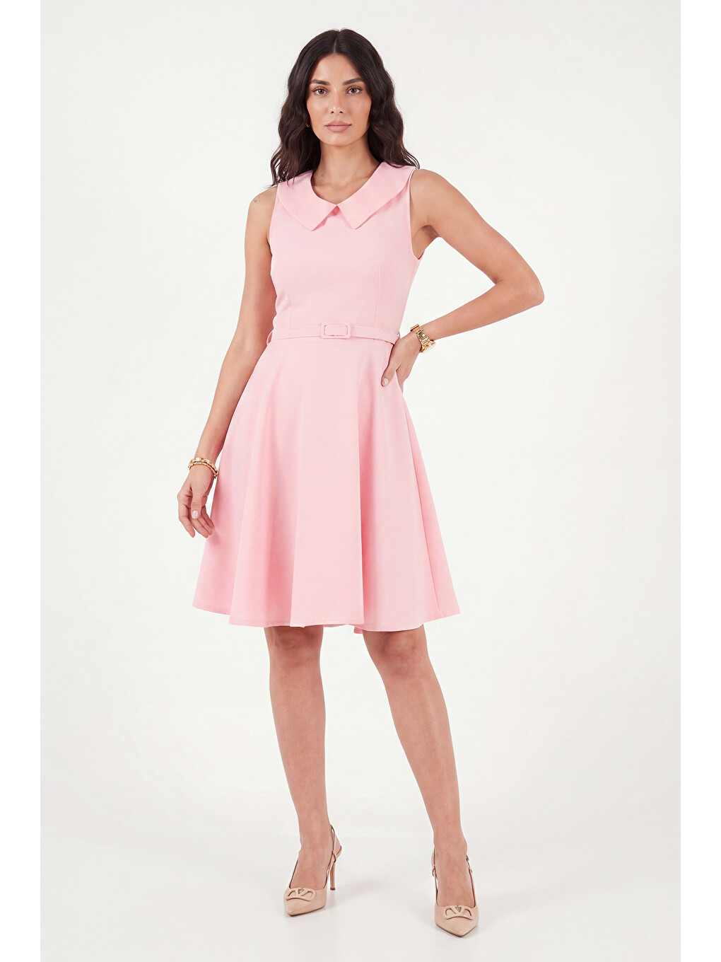 Pembe A Kesim Regular Fit Yaka ve Kemer Detaylı Kadın Mini Davet ve Mezuniyet Elbise 6525740-2