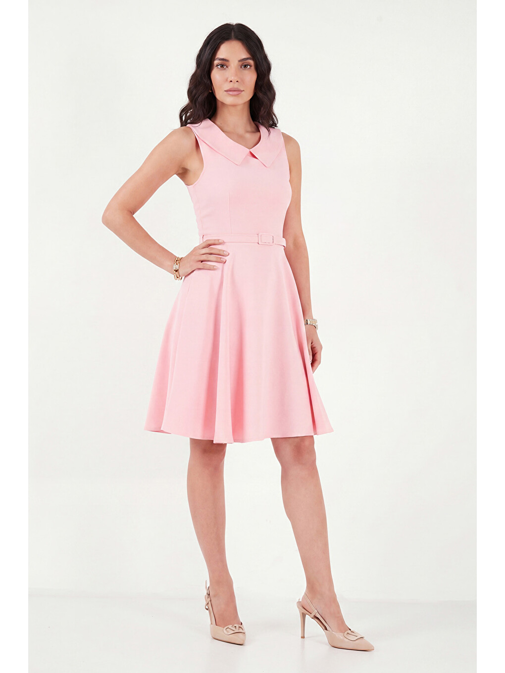Pembe A Kesim Regular Fit Yaka ve Kemer Detaylı Kadın Mini Davet ve Mezuniyet Elbise 6525740-3