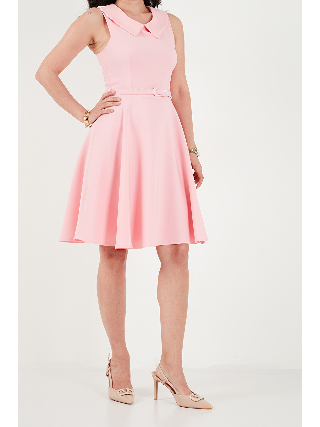 Pembe A Kesim Regular Fit Yaka ve Kemer Detaylı Kadın Mini Davet ve Mezuniyet Elbise 6525740-5