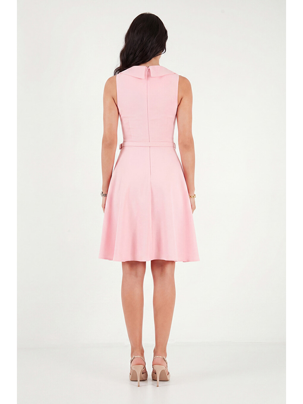 Pembe A Kesim Regular Fit Yaka ve Kemer Detaylı Kadın Mini Davet ve Mezuniyet Elbise 6525740-6