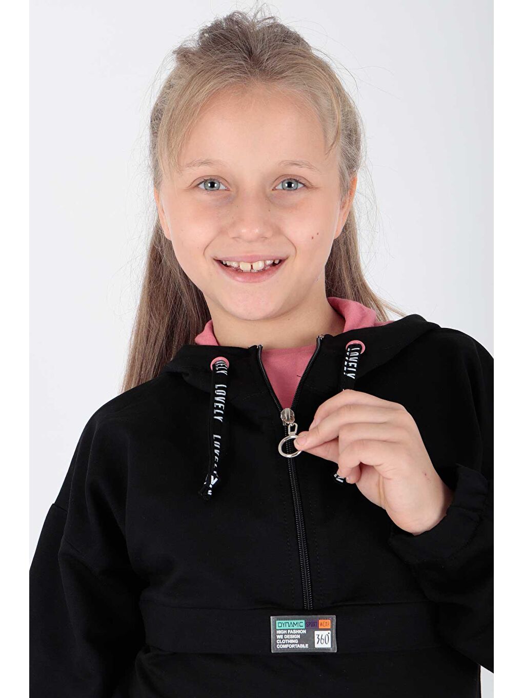 Lacivert Kids Kız Kapşonlu Sweat Uzun Kollu Fermuarlı Hoodie Pamuklu-1